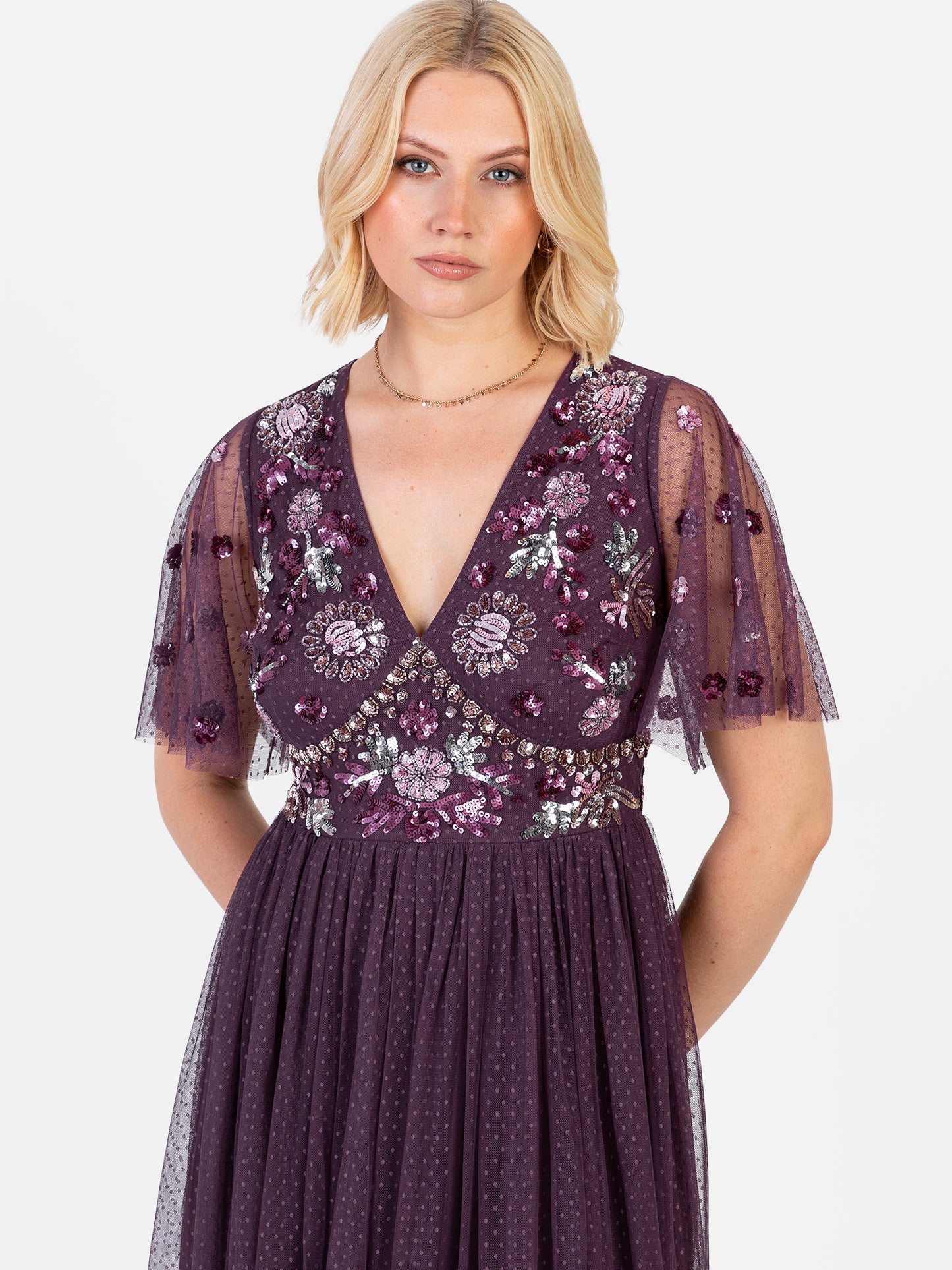 Maya Berry Floral Embellished Spot Mesh Maxi Dress