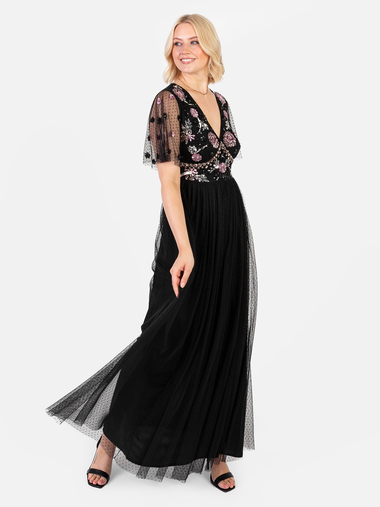 Maya Black Floral Embellished Spot Mesh Maxi Dress Maya Deluxe Maya Black Floral Embellished Spot Mesh Maxi Dress Maya Deluxe