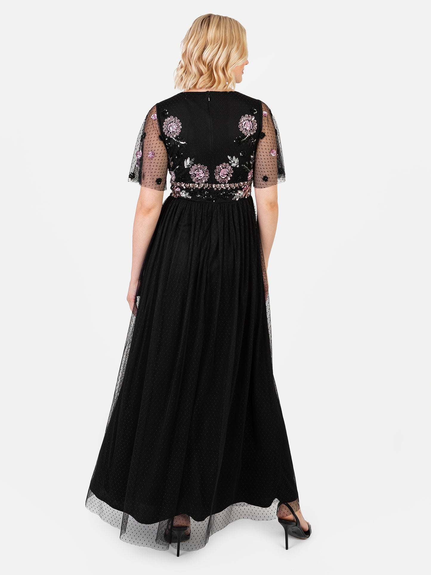 Maya Black Floral Embellished Spot Mesh Maxi Dress