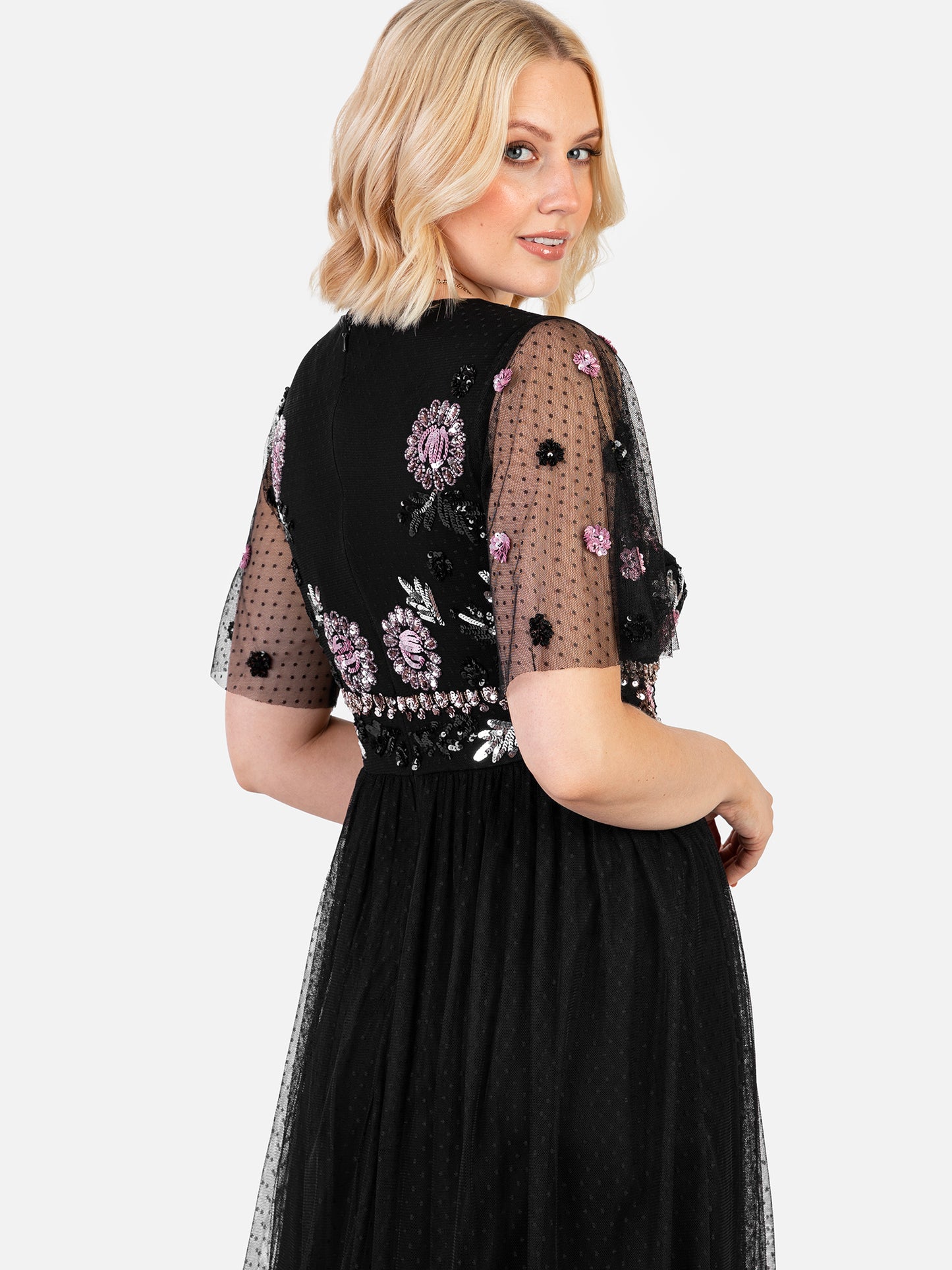 Maya Black Floral Embellished Spot Mesh Maxi Dress