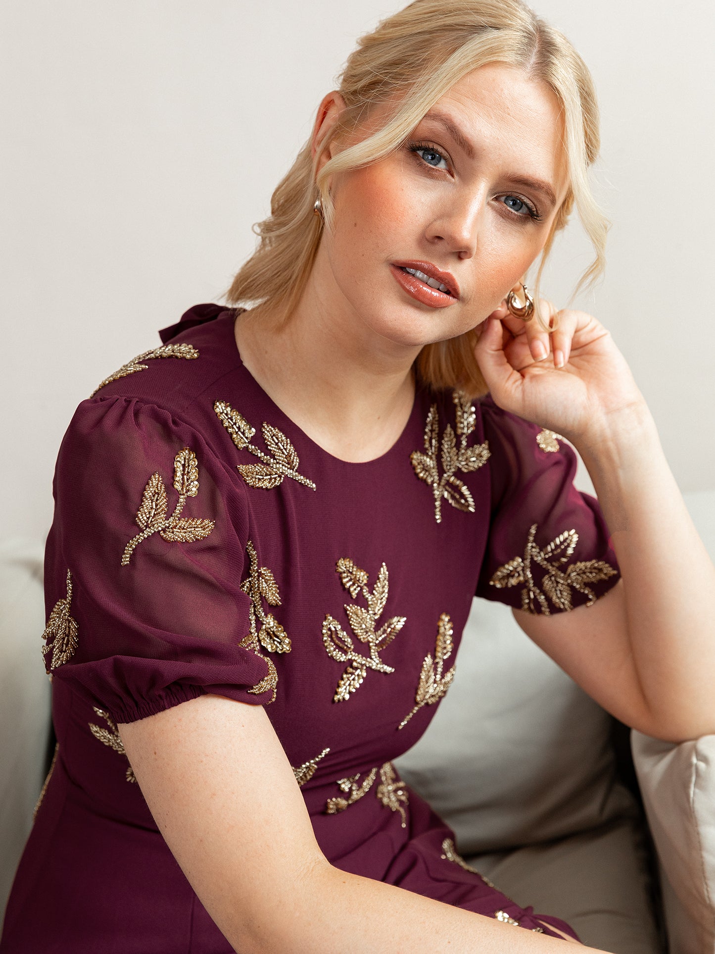 Maya Cranberry Short Sleeve & Open Back Embellished Midi Dress