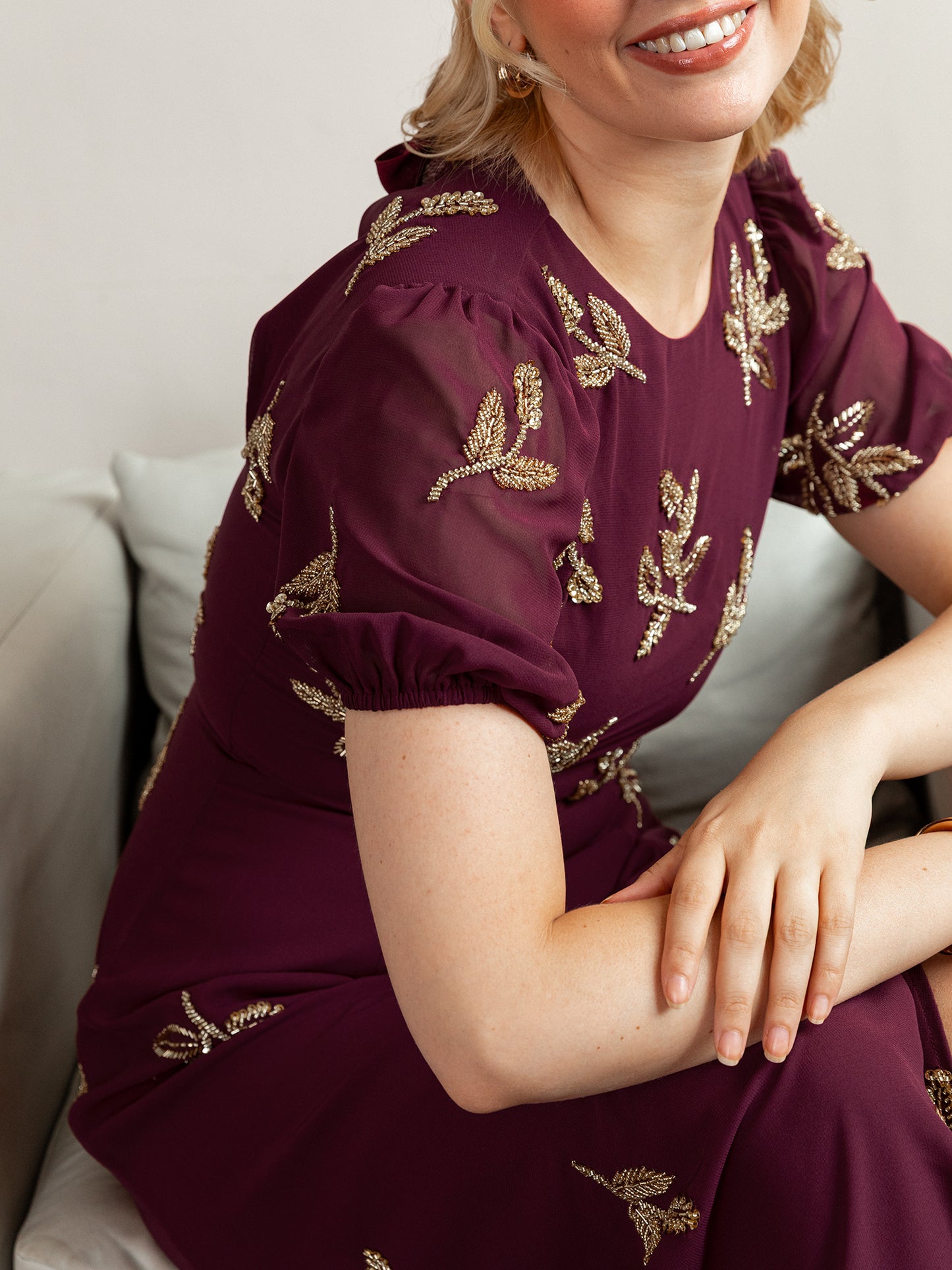 Maya Cranberry Short Sleeve & Open Back Embellished Midi Dress