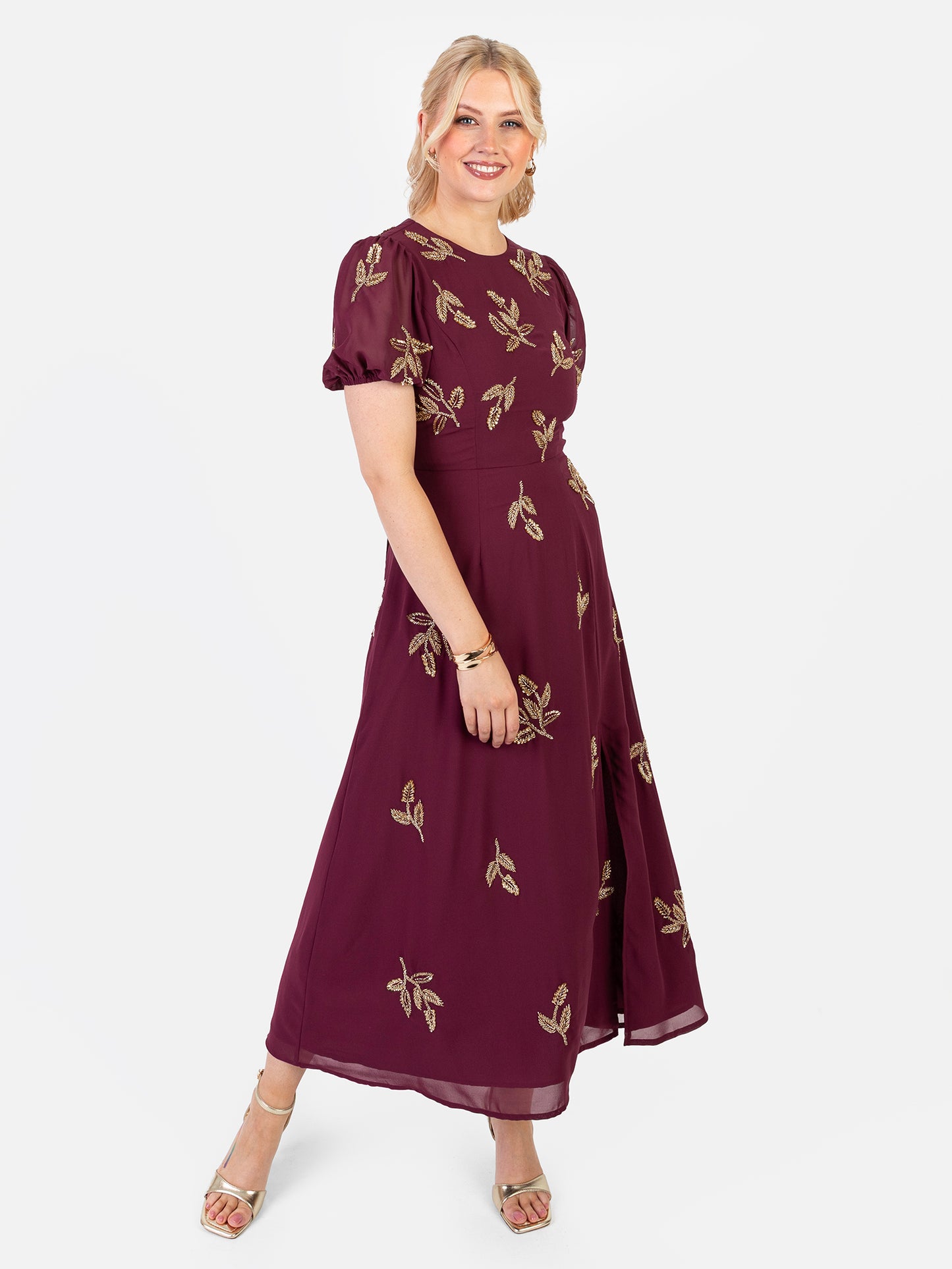 Maya Cranberry Short Sleeve & Open Back Embellished Midi Dress