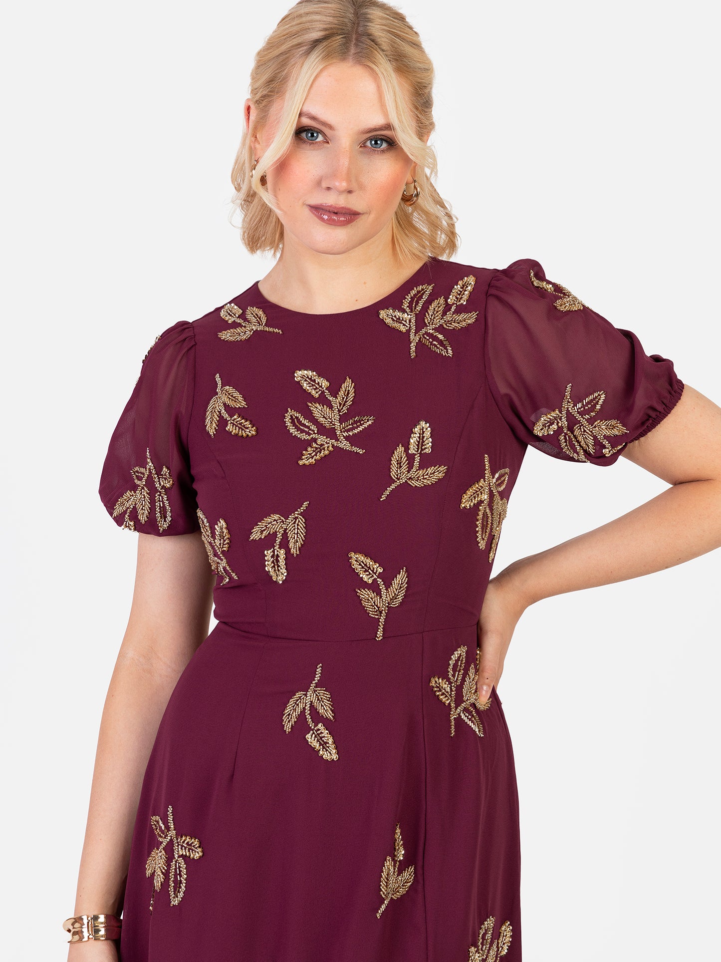 Maya Cranberry Short Sleeve & Open Back Embellished Midi Dress
