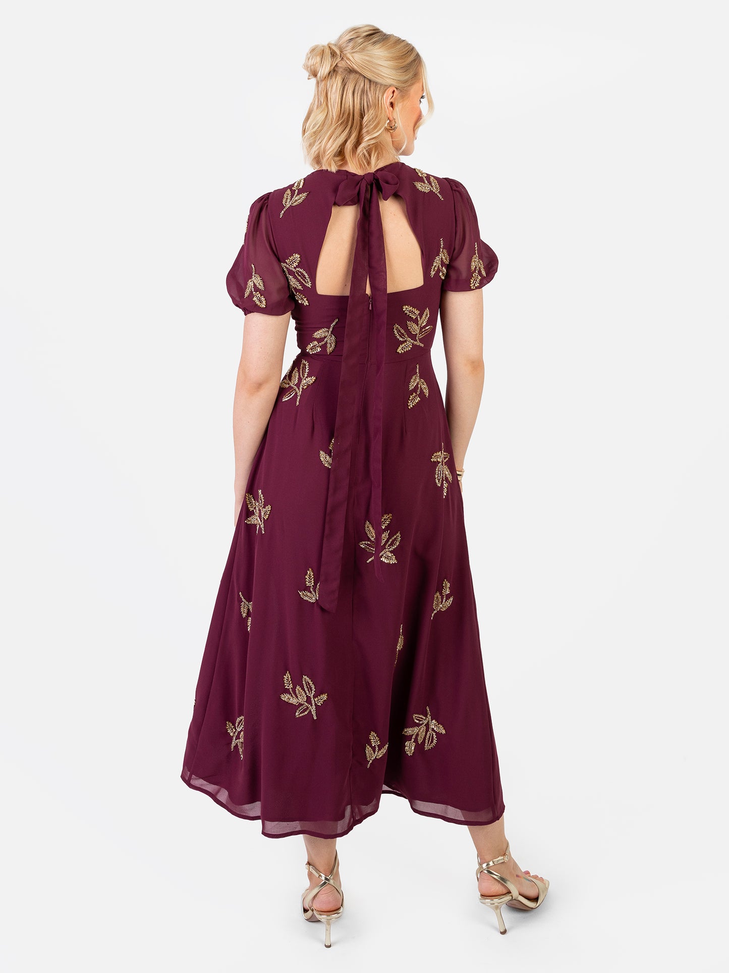 Maya Cranberry Short Sleeve & Open Back Embellished Midi Dress