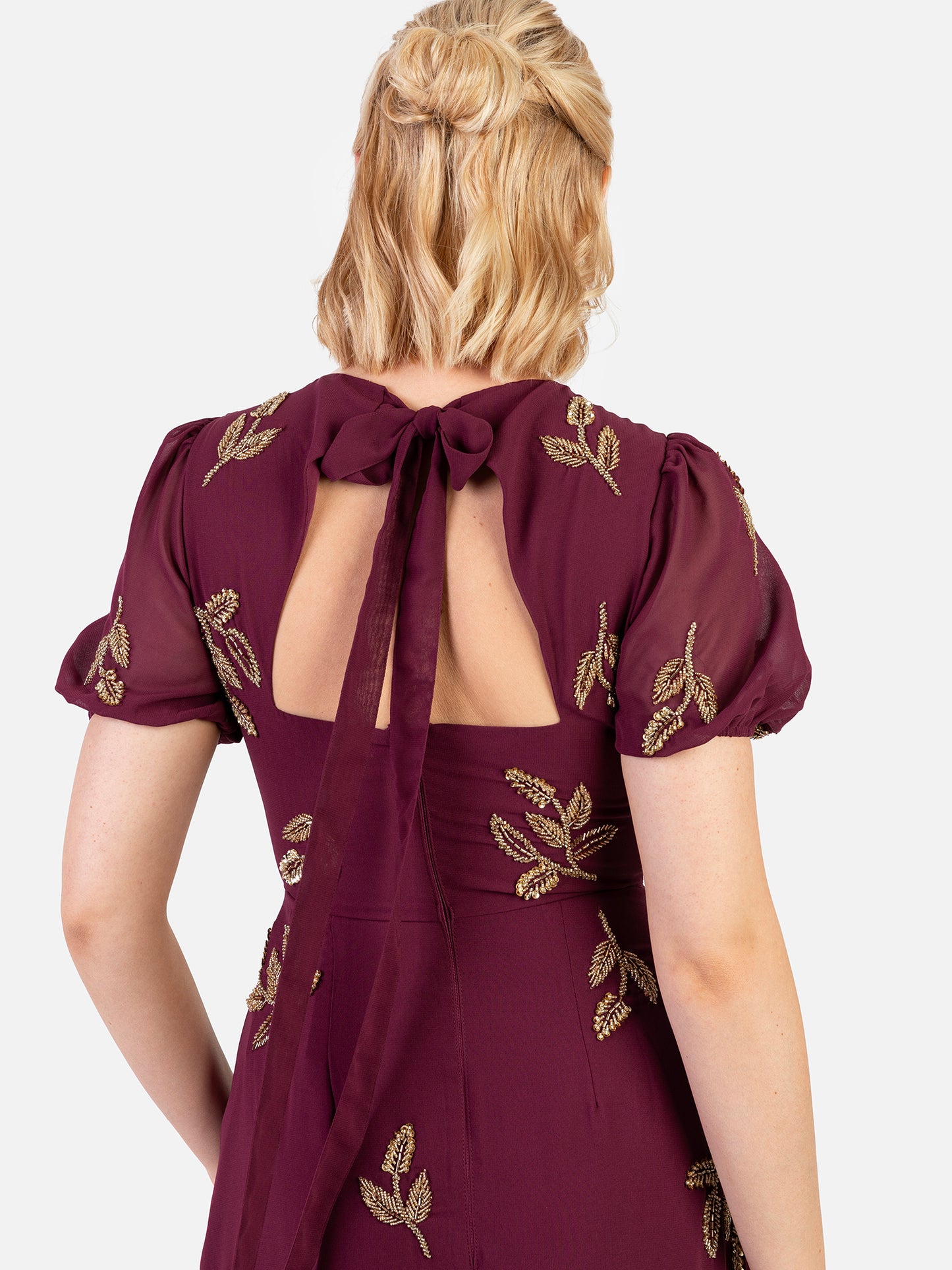 Maya Cranberry Short Sleeve & Open Back Embellished Midi Dress