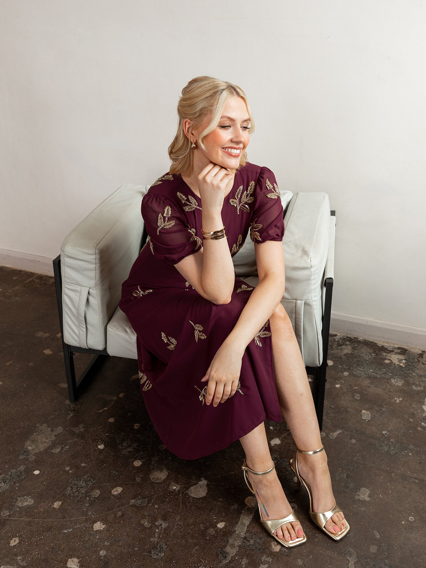 Maya Cranberry Short Sleeve & Open Back Embellished Midi Dress