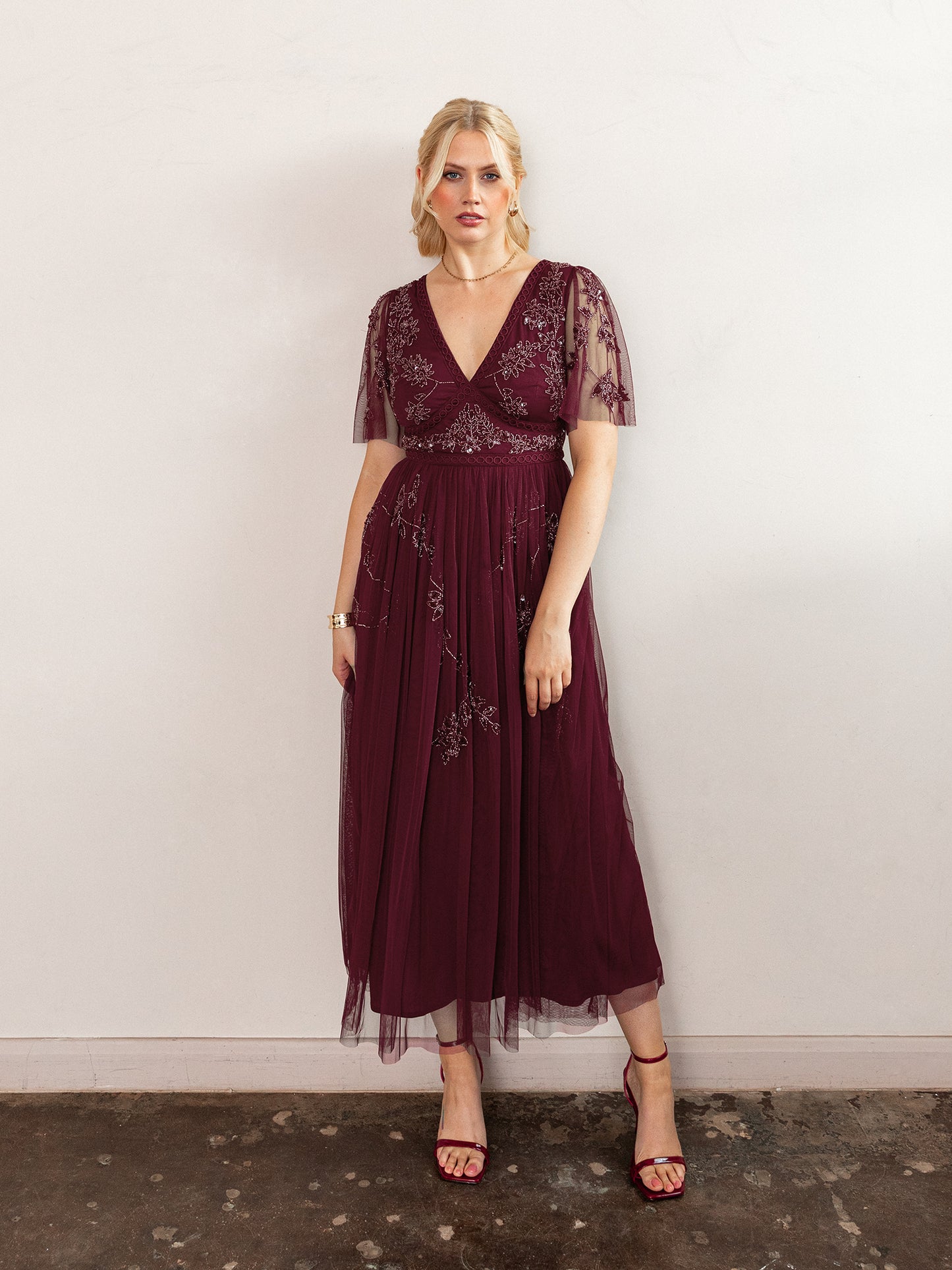 Maya Cranberry Embellished Angel Sleeve & Open Back Midaxi Dress