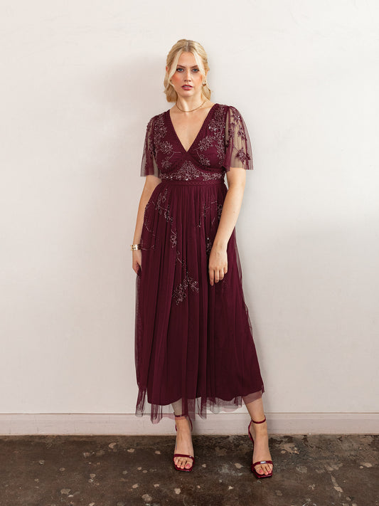 Maya Cranberry Embellished Angel Sleeve & Open Back Midaxi Dress