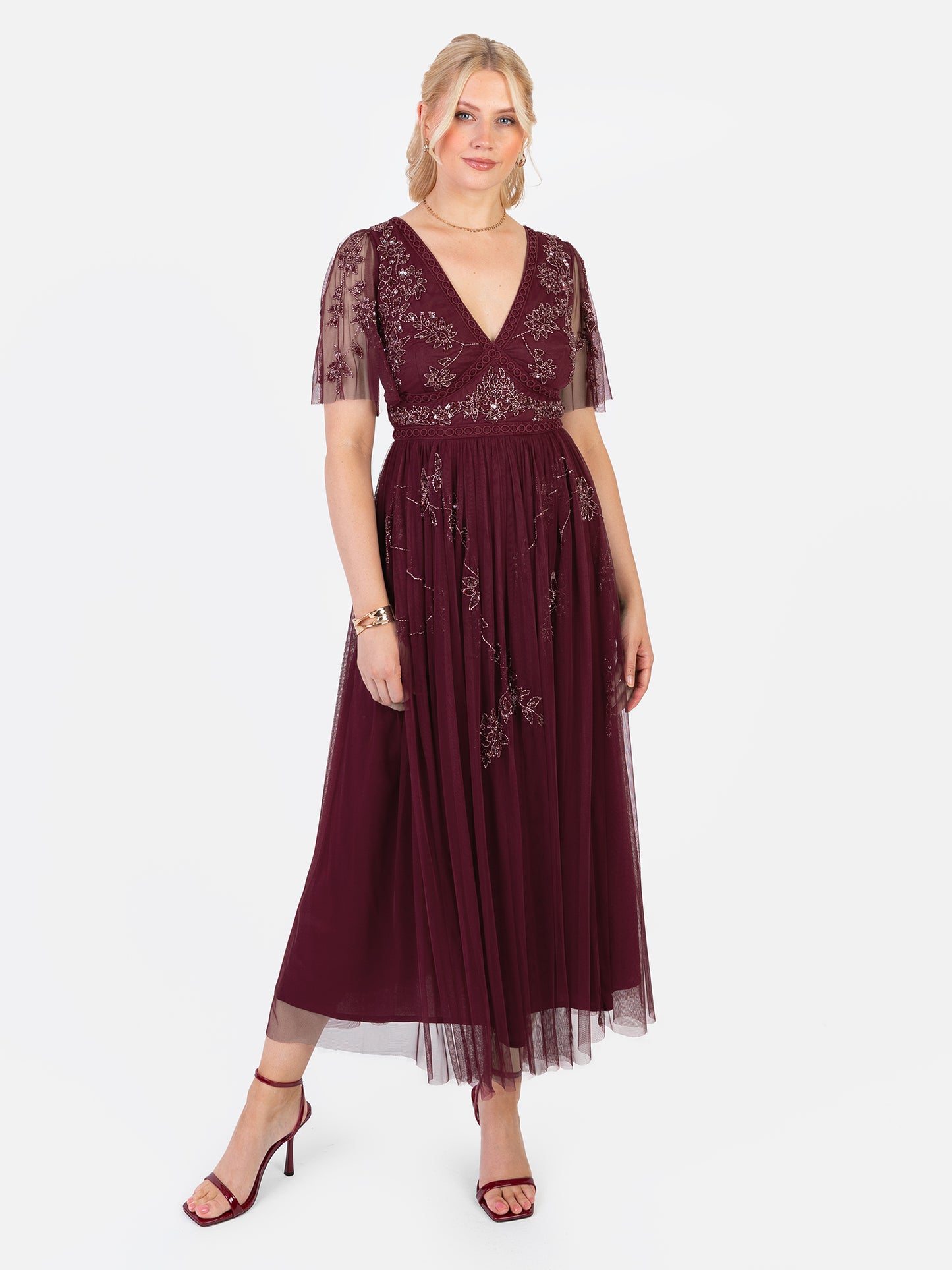 Maya Cranberry Embellished Angel Sleeve & Open Back Midaxi Dress