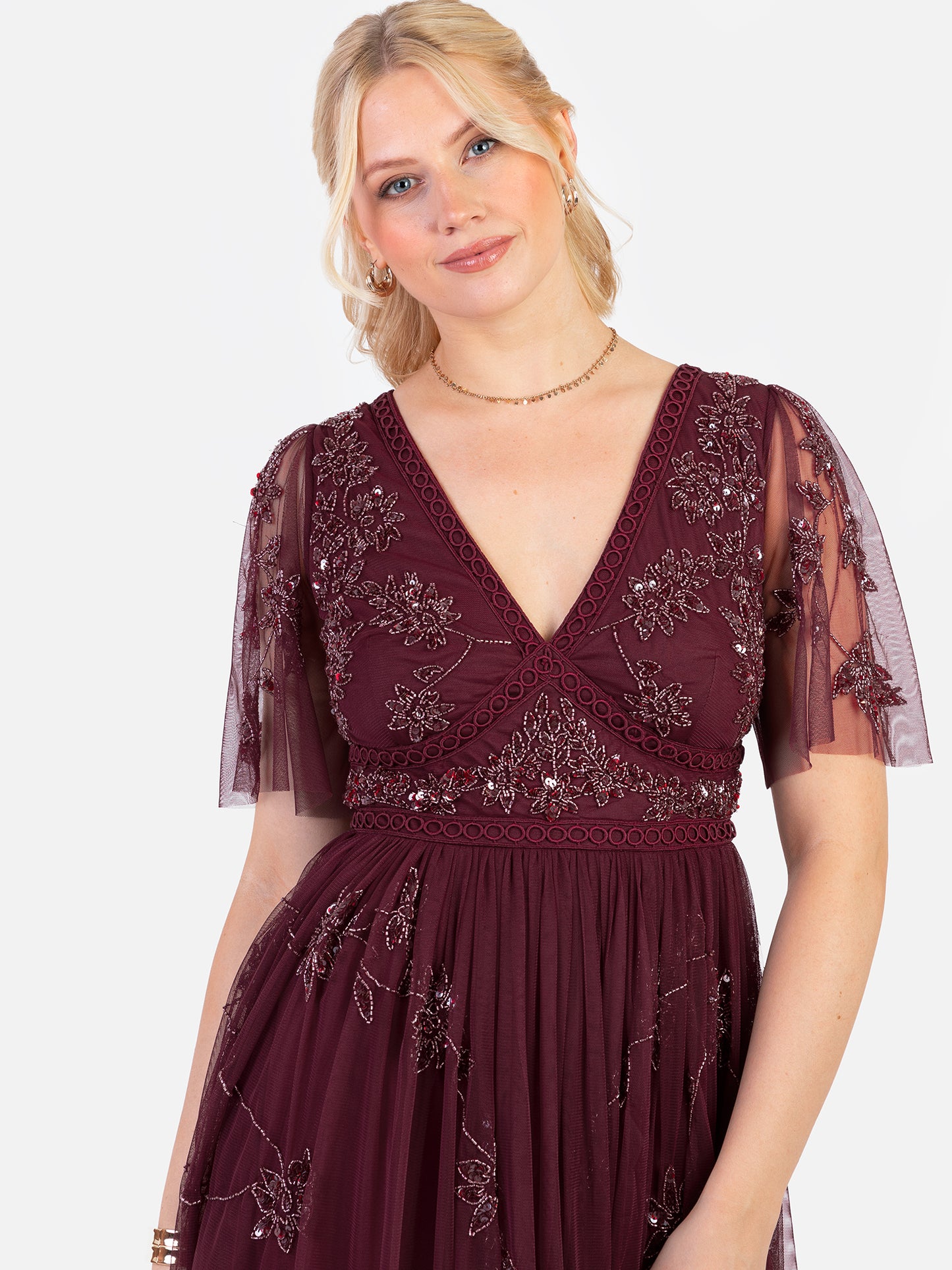 Maya Cranberry Embellished Angel Sleeve & Open Back Midaxi Dress