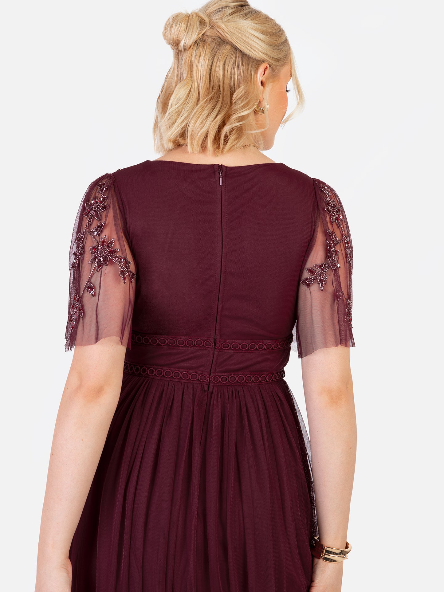 Maya Cranberry Embellished Angel Sleeve & Open Back Midaxi Dress