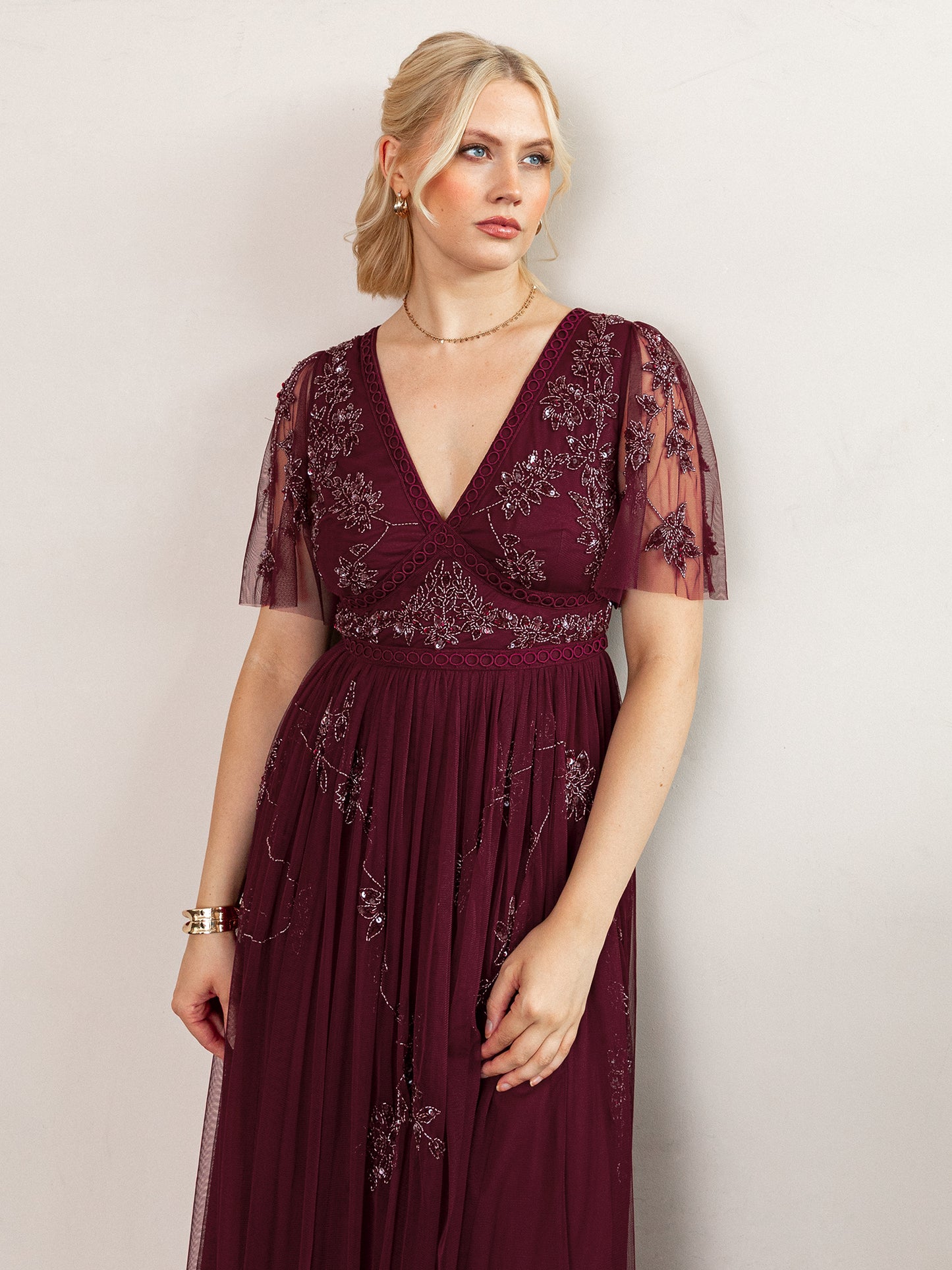 Maya Cranberry Embellished Angel Sleeve & Open Back Midaxi Dress