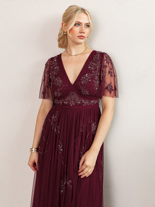 Maya Cranberry Embellished Angel Sleeve & Open Back Midaxi Dress