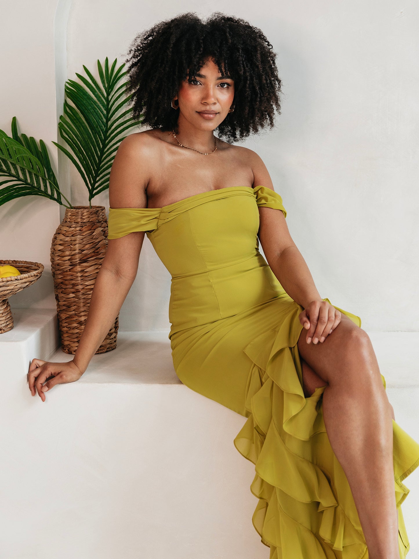 Anaya With Love Recycled Lime Bardot Maxi Dress with Ruffle Detail