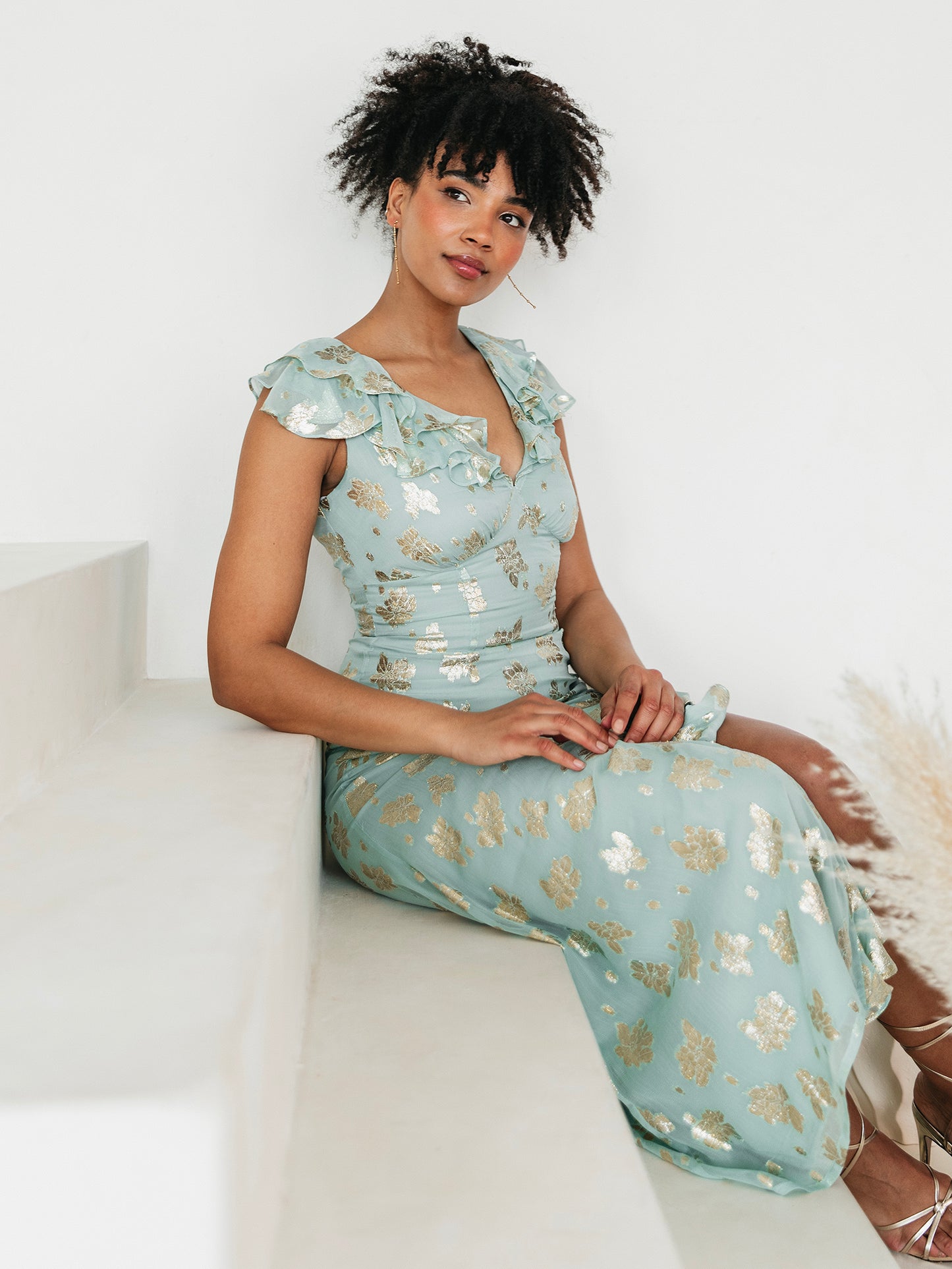 Maya Gold Floral Jacquard & Ruffle Detail Midi Dress