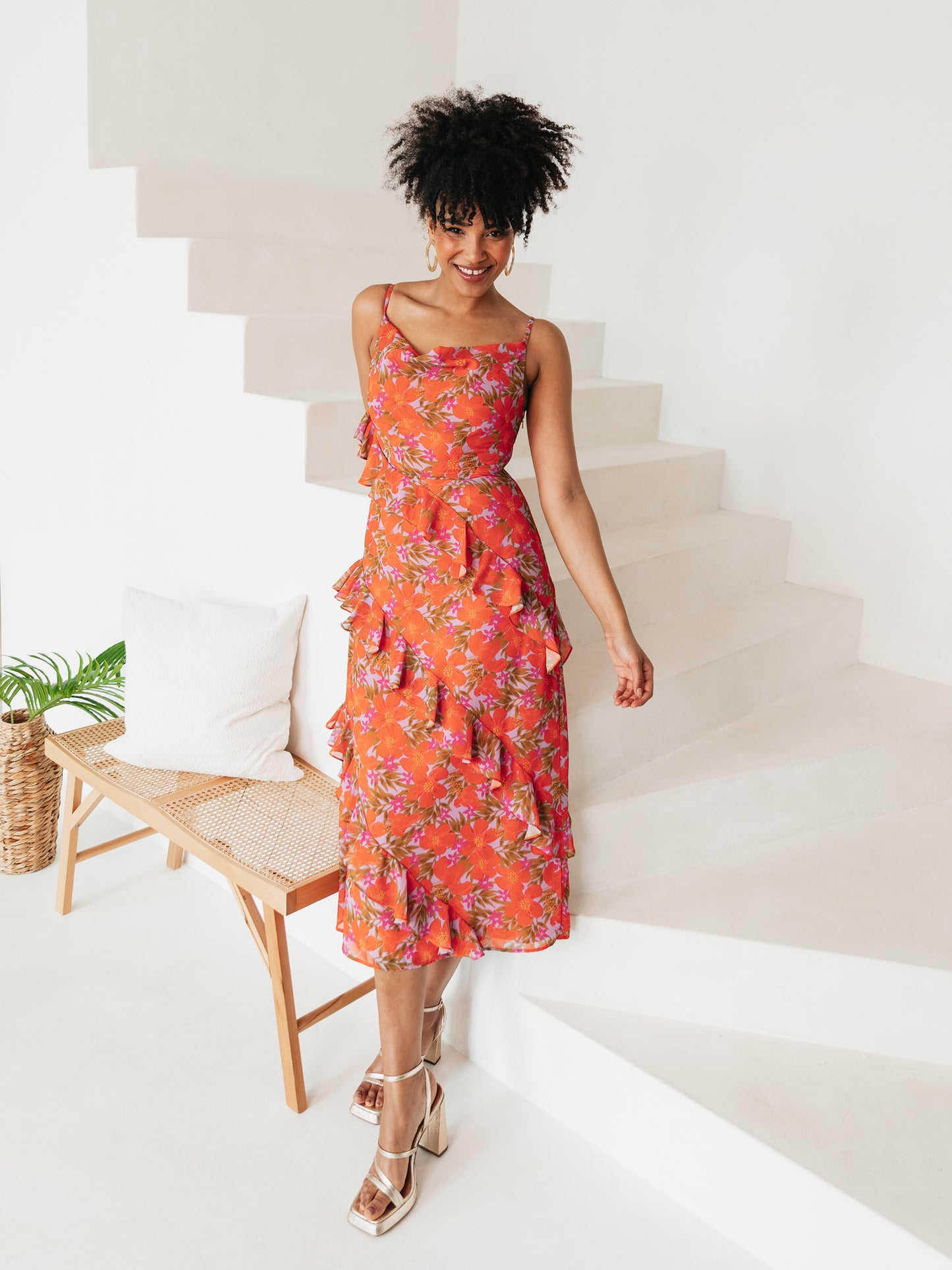 Anaya With Love Tropical Print Strappy Cowl Neck Midi Dress