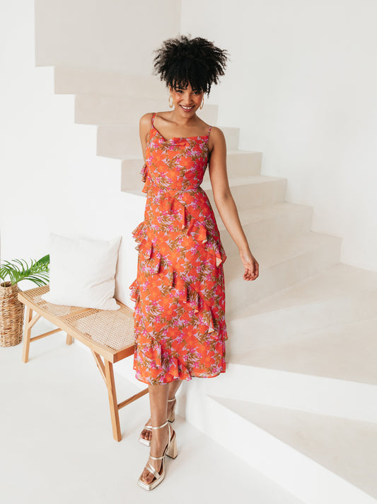 Anaya With Love Tropical Print Strappy Cowl Neck Midi Dress