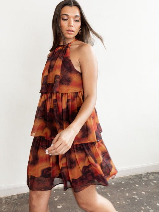 Anaya With Love Recycled Fire Marble Print Halter Neck Tiered Swing Mini Dress