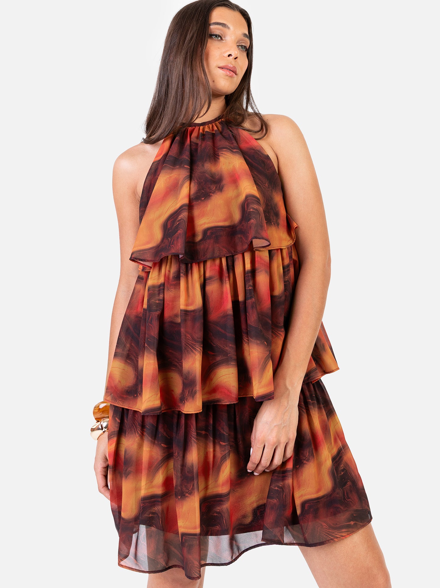 Anaya With Love Recycled Fire Marble Print Halter Neck Tiered Swing Mini Dress
