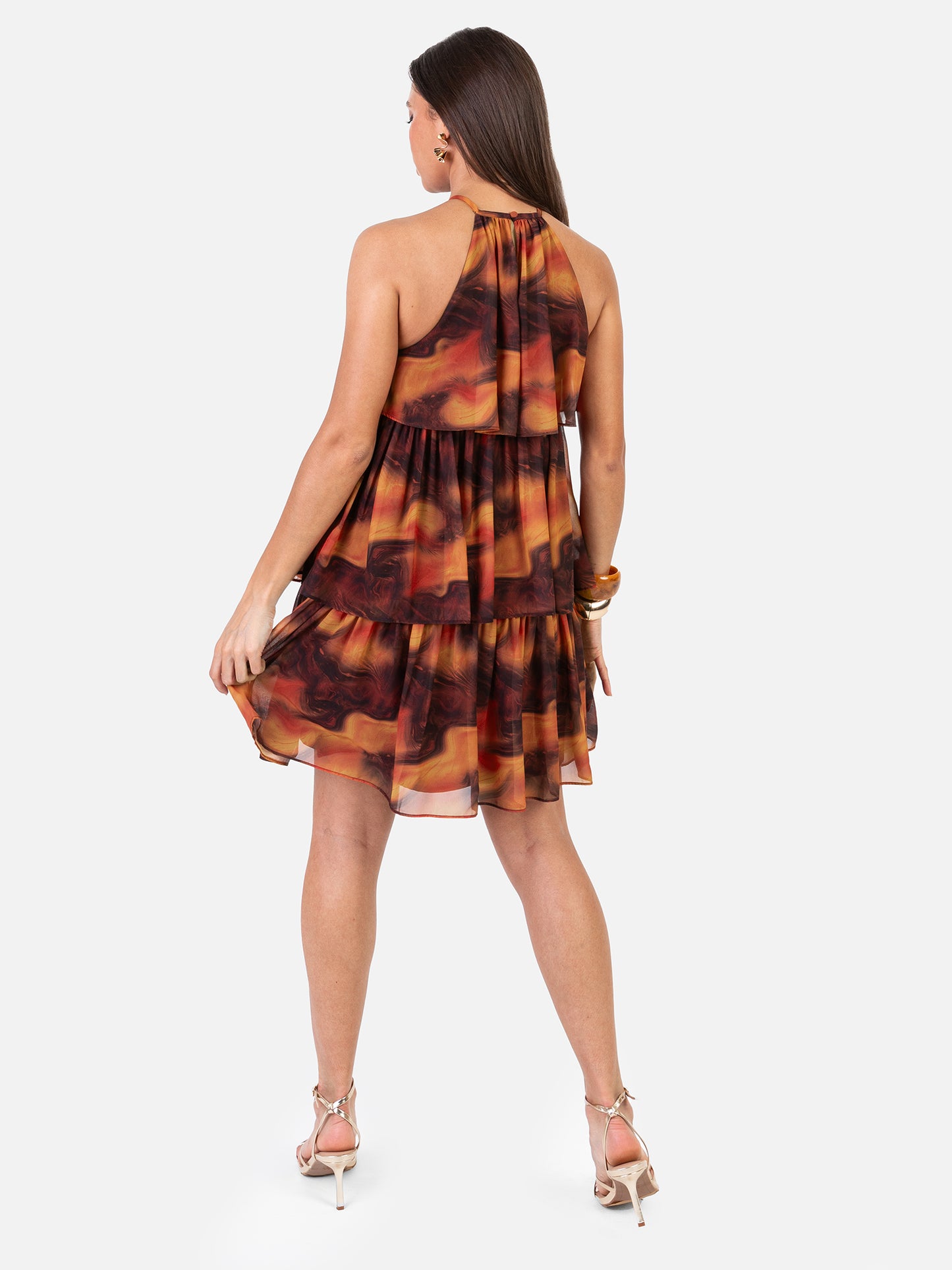 Anaya With Love Recycled Fire Marble Print Halter Neck Tiered Swing Mini Dress