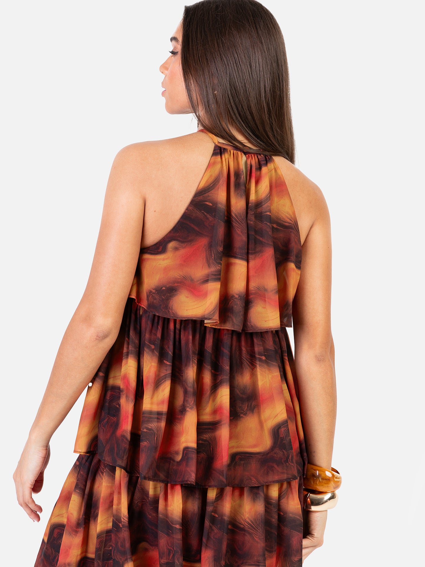 Anaya With Love Recycled Fire Marble Print Halter Neck Tiered Swing Mini Dress