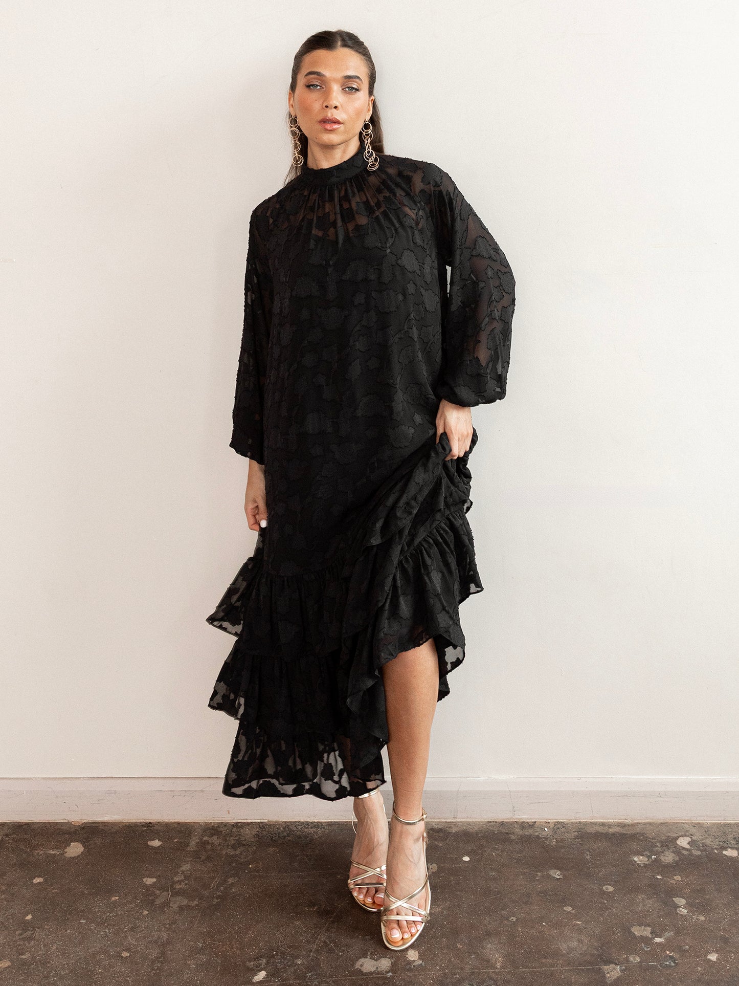 Anaya With Love Recycled Black Floral Burnout Long Sleeve Trapeze Midaxi Dress