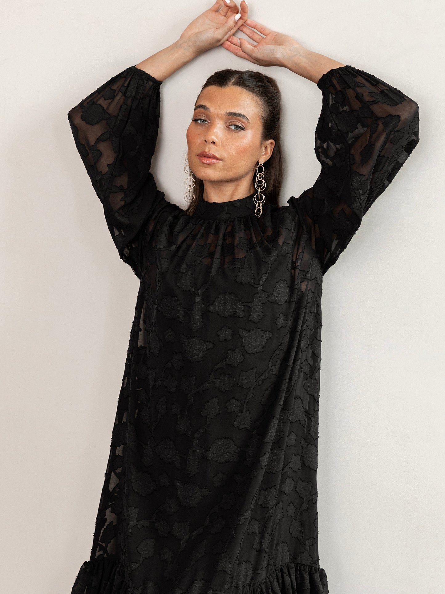 Anaya With Love Recycled Black Floral Burnout Long Sleeve Trapeze Midaxi Dress