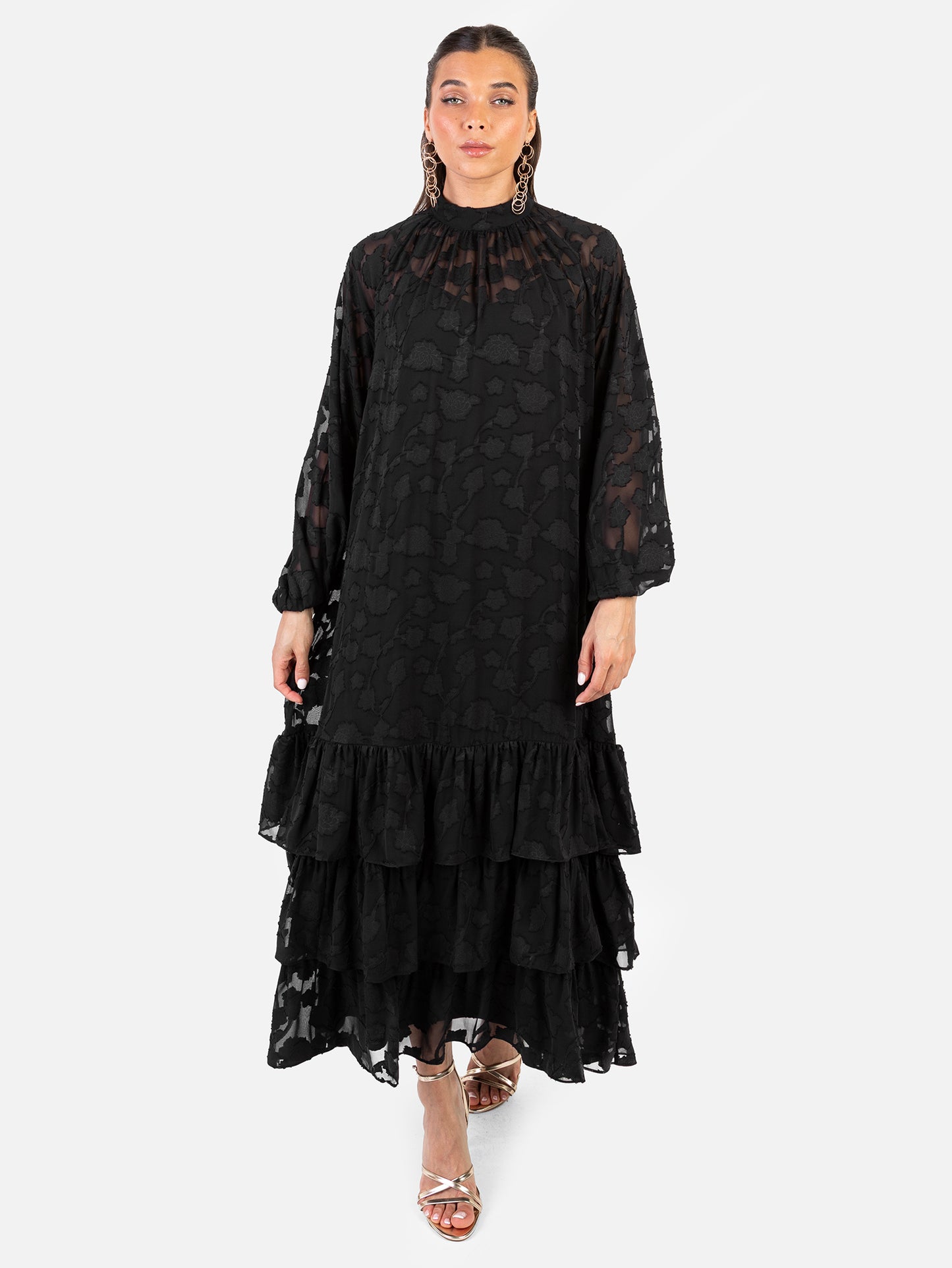 Anaya With Love Recycled Black Floral Burnout Long Sleeve Trapeze Midaxi Dress