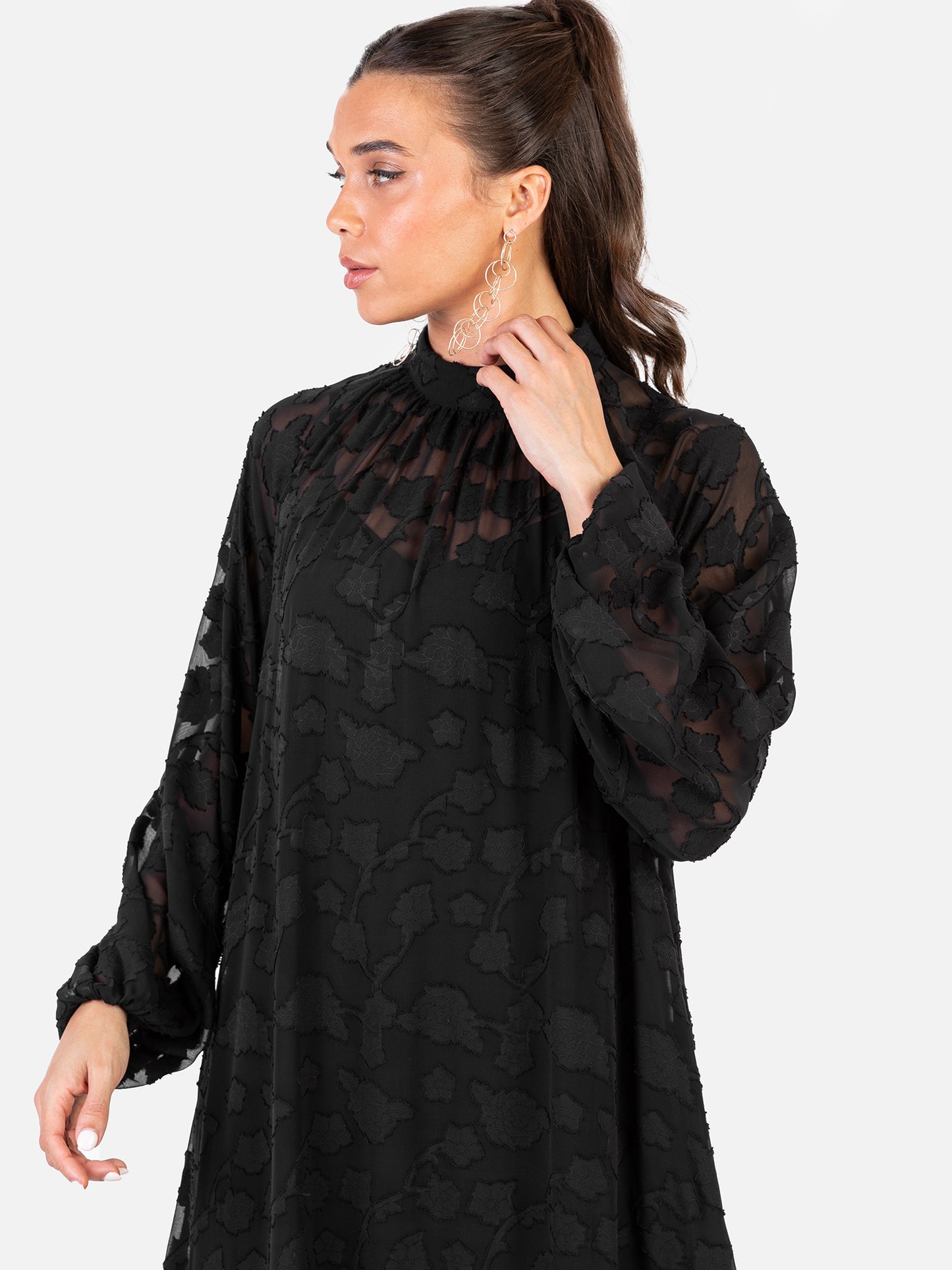 Anaya With Love Recycled Black Floral Burnout Long Sleeve Trapeze Midaxi Dress