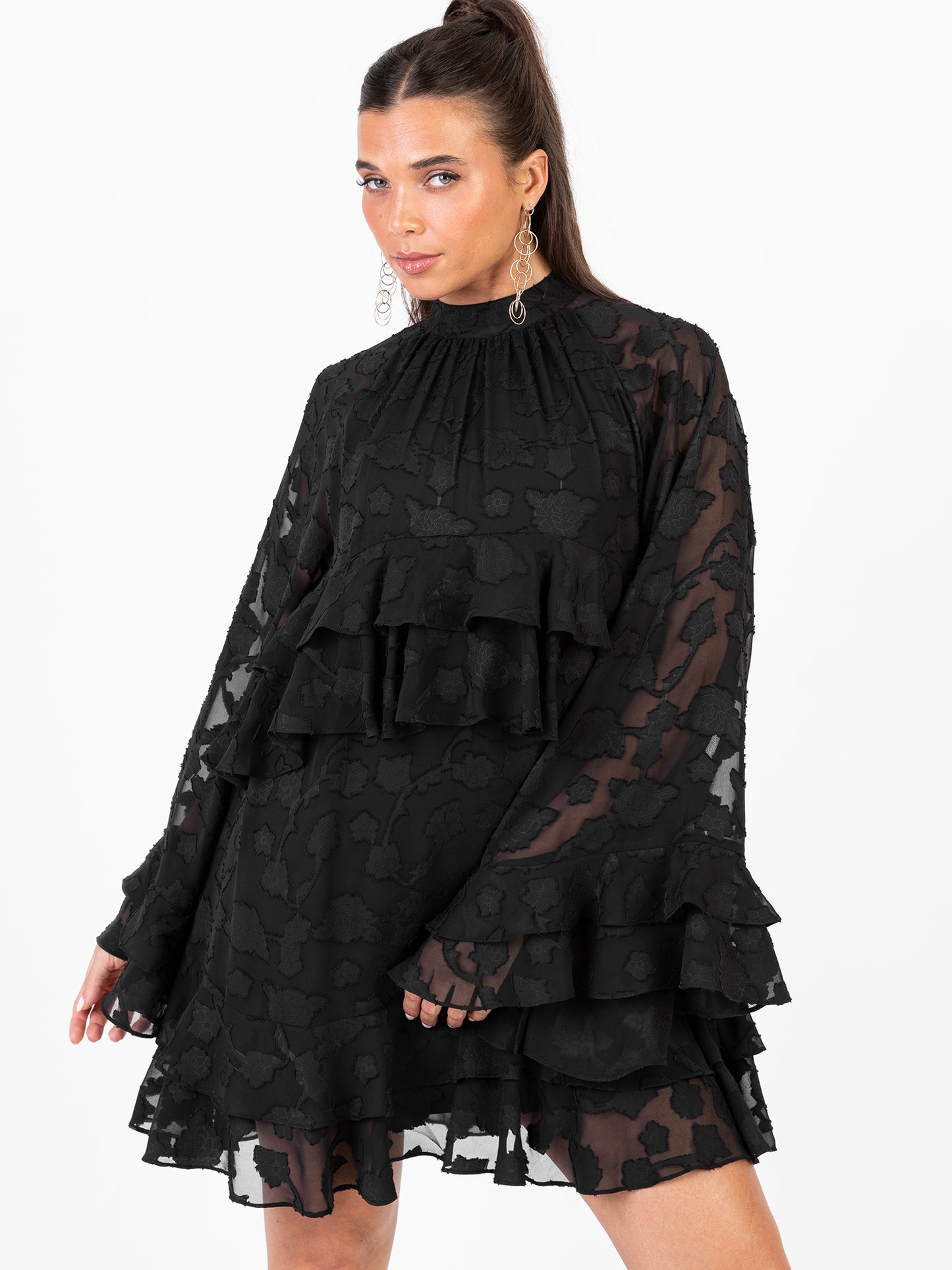 Anaya With Love Recycled Black Floral Burnout Flared Long Sleeve Shift Mini Dress