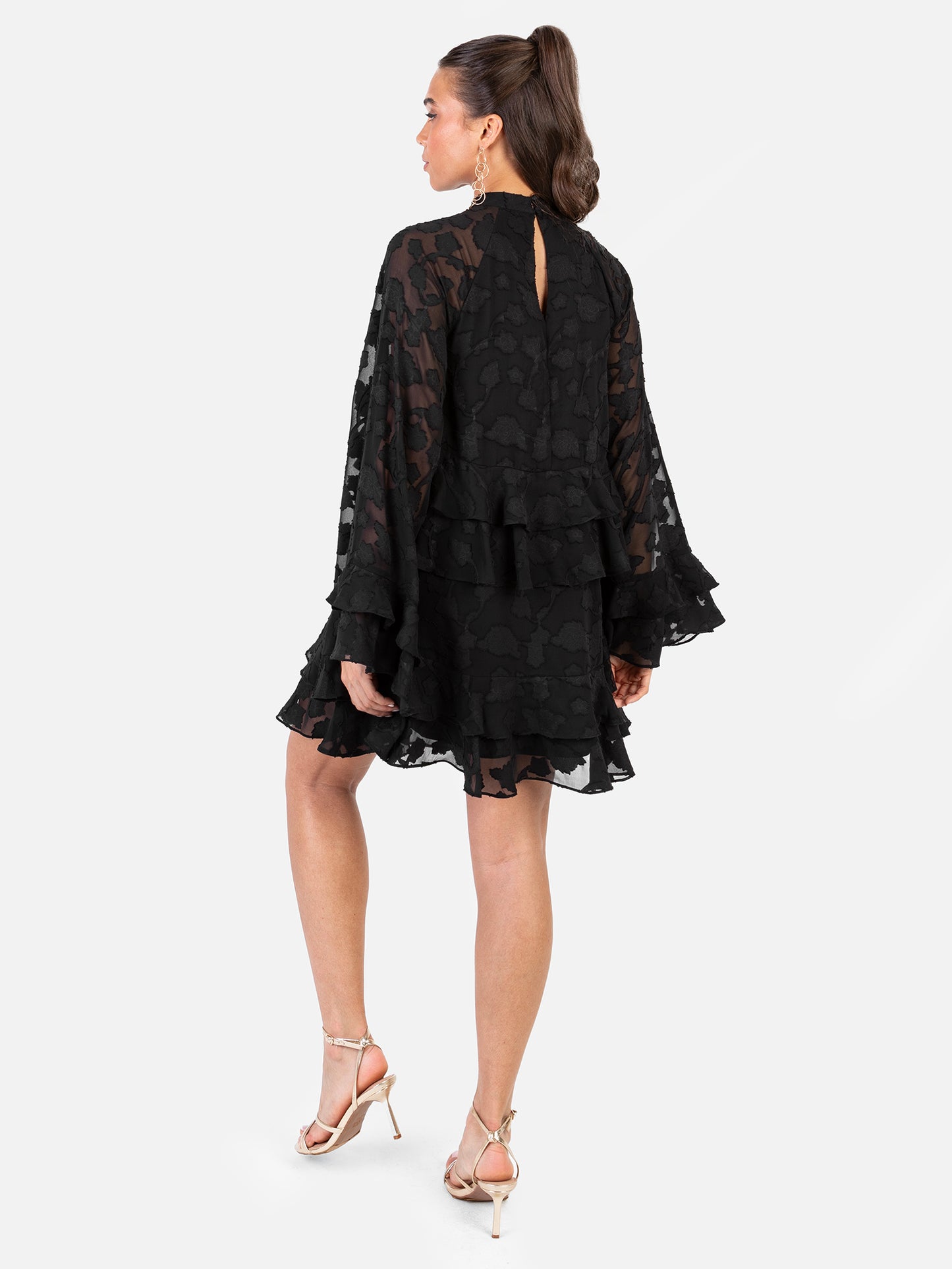 Anaya With Love Recycled Black Floral Burnout Flared Long Sleeve Shift Mini Dress
