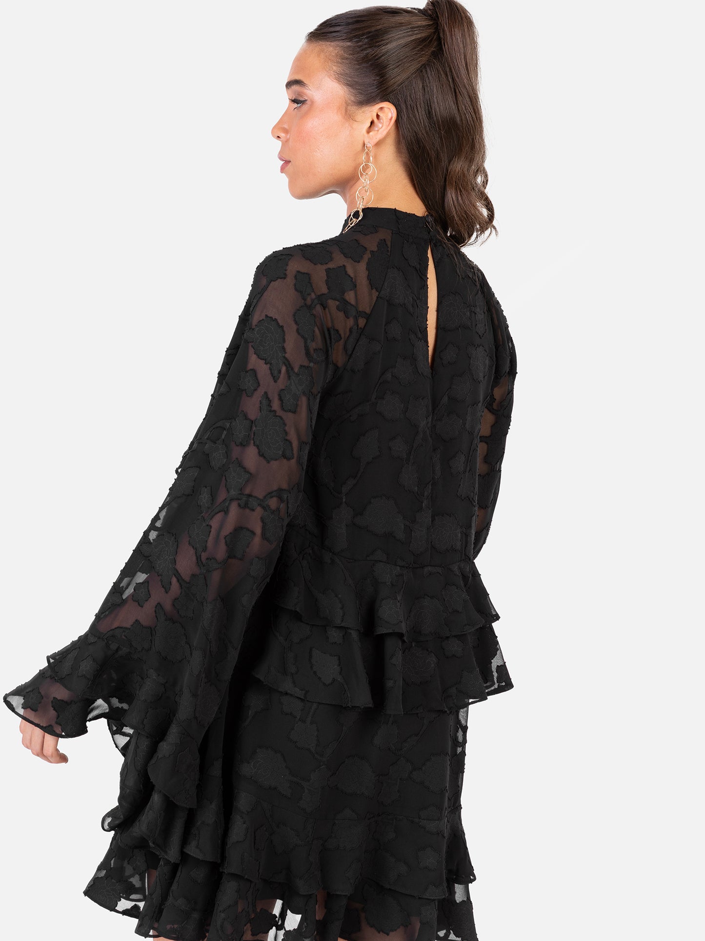 Anaya With Love Recycled Black Floral Burnout Flared Long Sleeve Shift Mini Dress