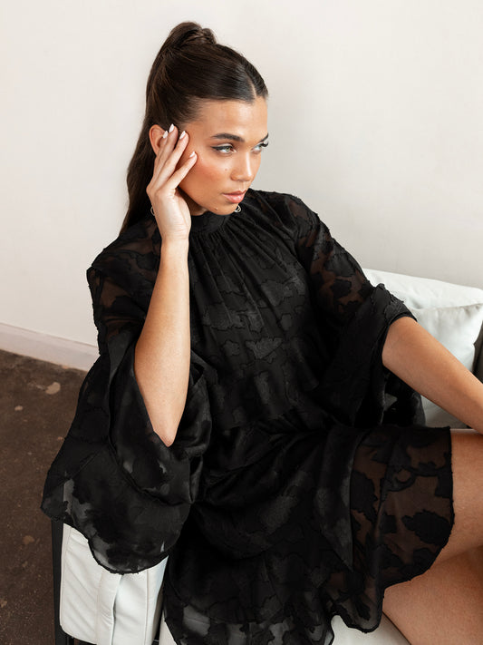 Anaya With Love Recycled Black Floral Burnout Flared Long Sleeve Shift Mini Dress