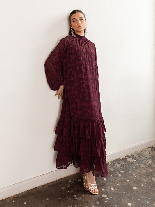 Anaya With Love Recycled Maroon Floral Burnout Long Sleeve Trapeze Midaxi Dress