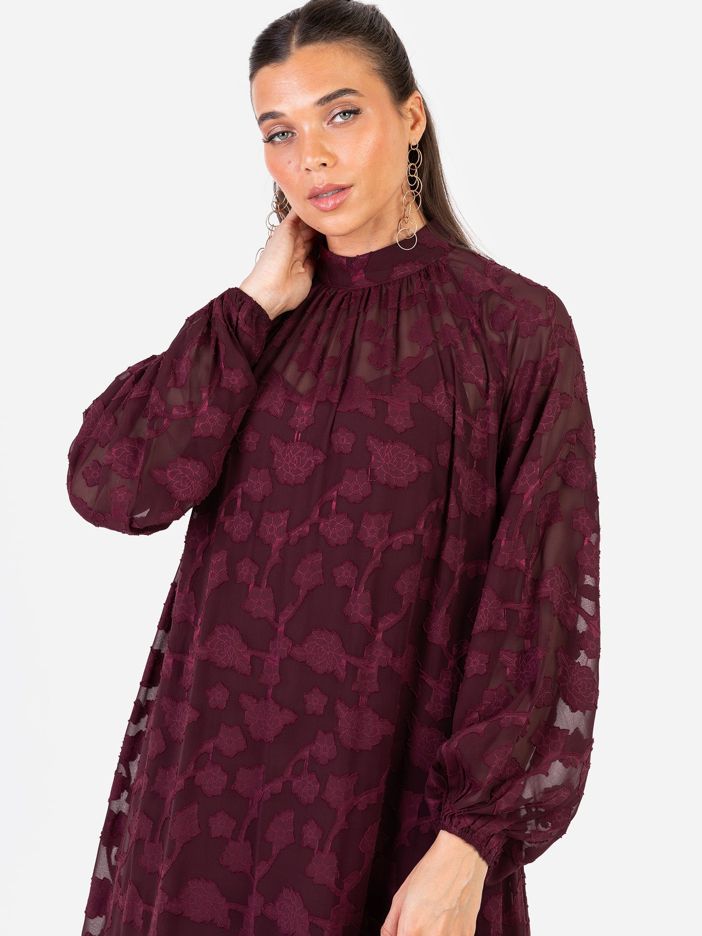 Anaya With Love Recycled Maroon Floral Burnout Long Sleeve Trapeze Midaxi Dress