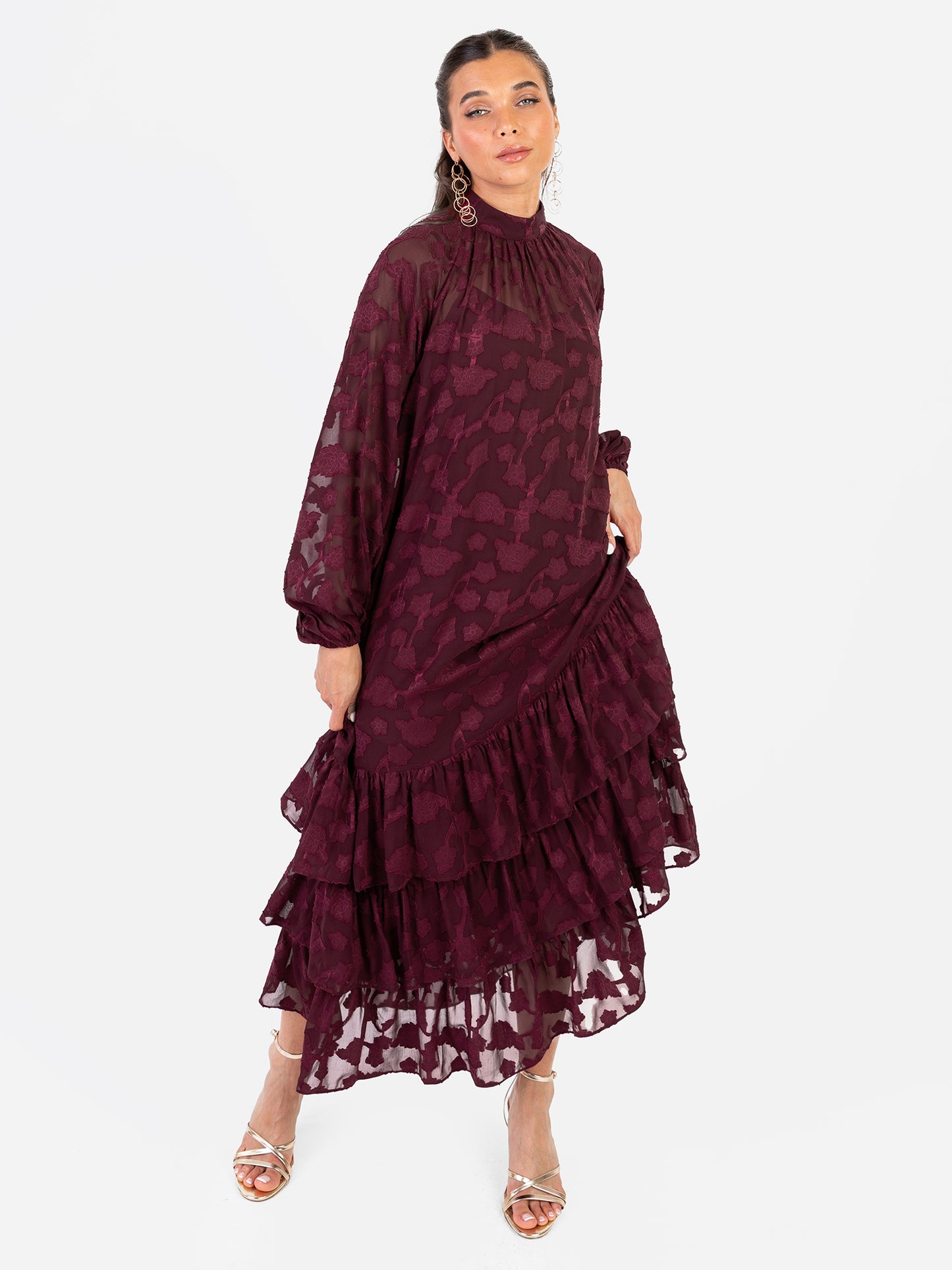 Anaya With Love Recycled Maroon Floral Burnout Long Sleeve Trapeze Midaxi Dress