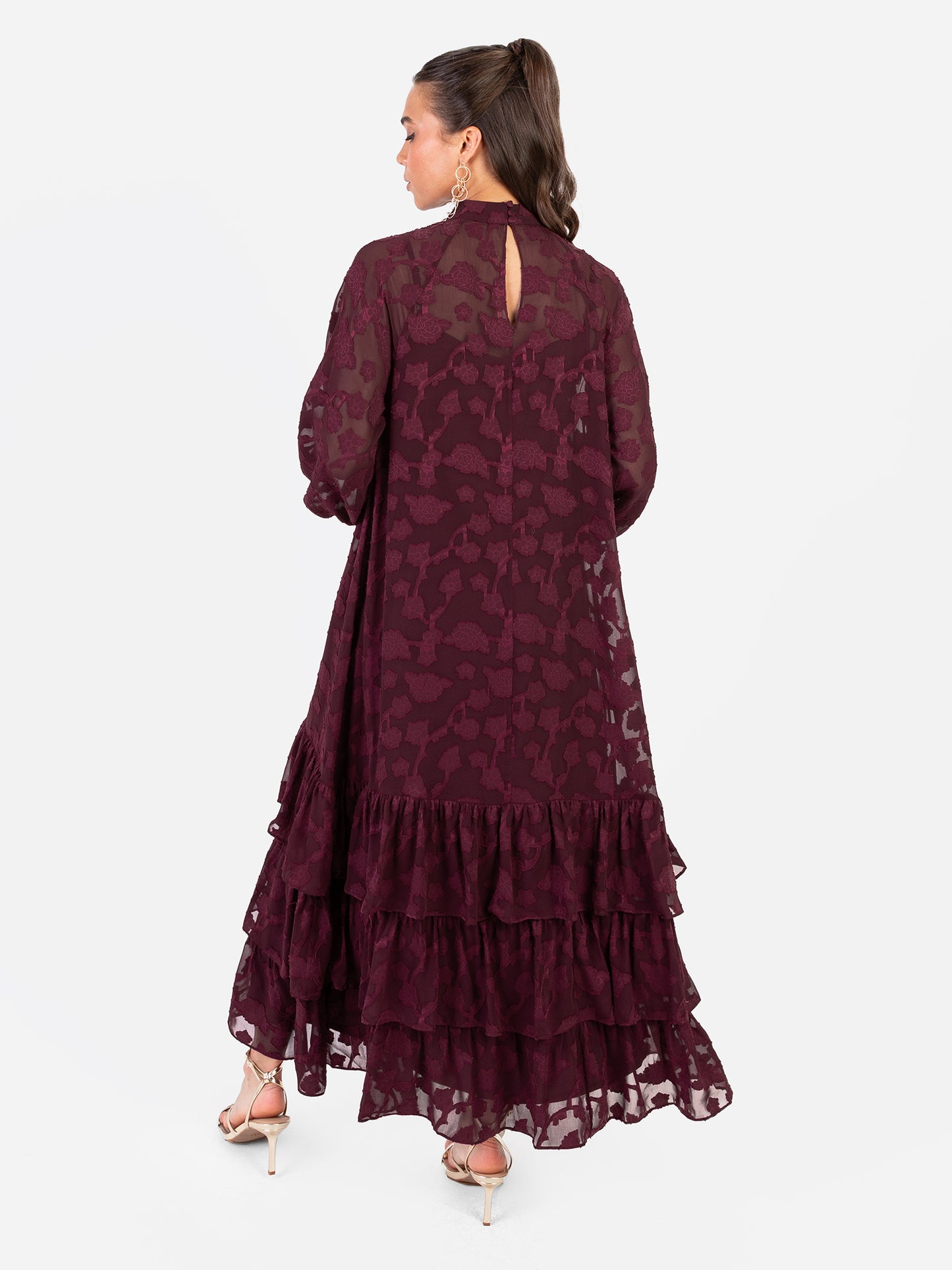 Anaya With Love Recycled Maroon Floral Burnout Long Sleeve Trapeze Midaxi Dress