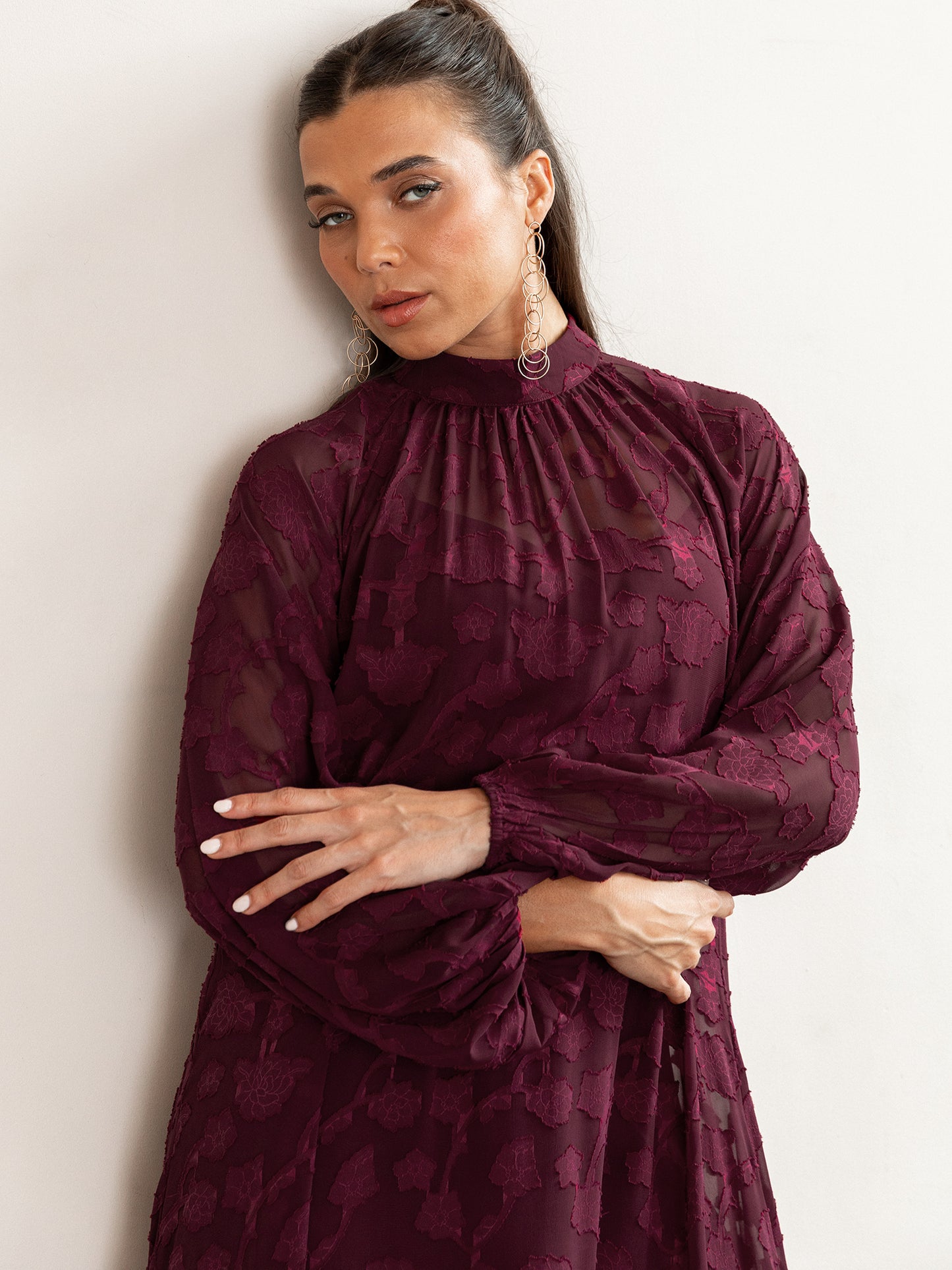 Anaya With Love Recycled Maroon Floral Burnout Long Sleeve Trapeze Midaxi Dress