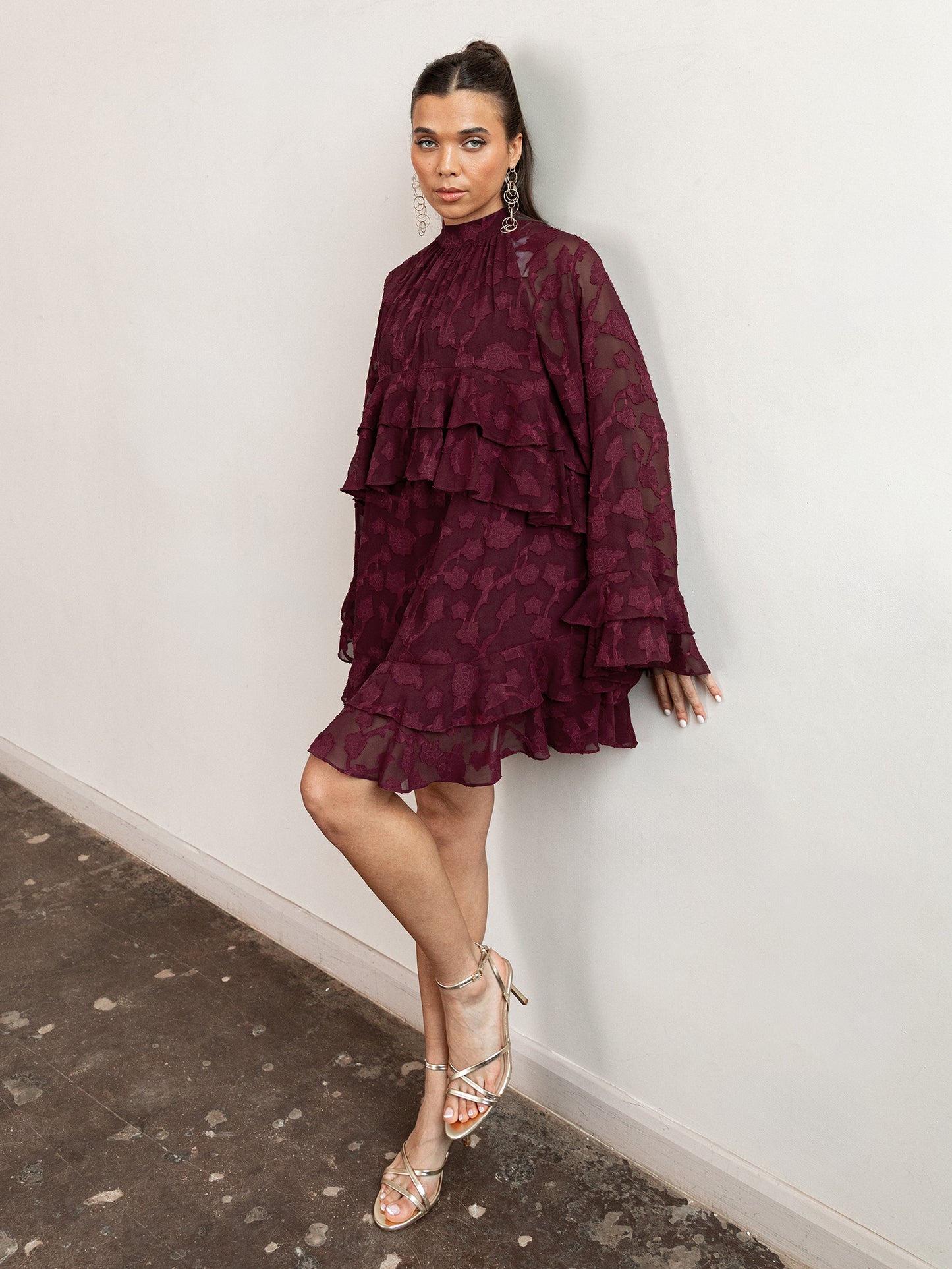 Anaya With Love Recycled Maroon Floral Burnout Flared Long Sleeve Shift Mini Dress