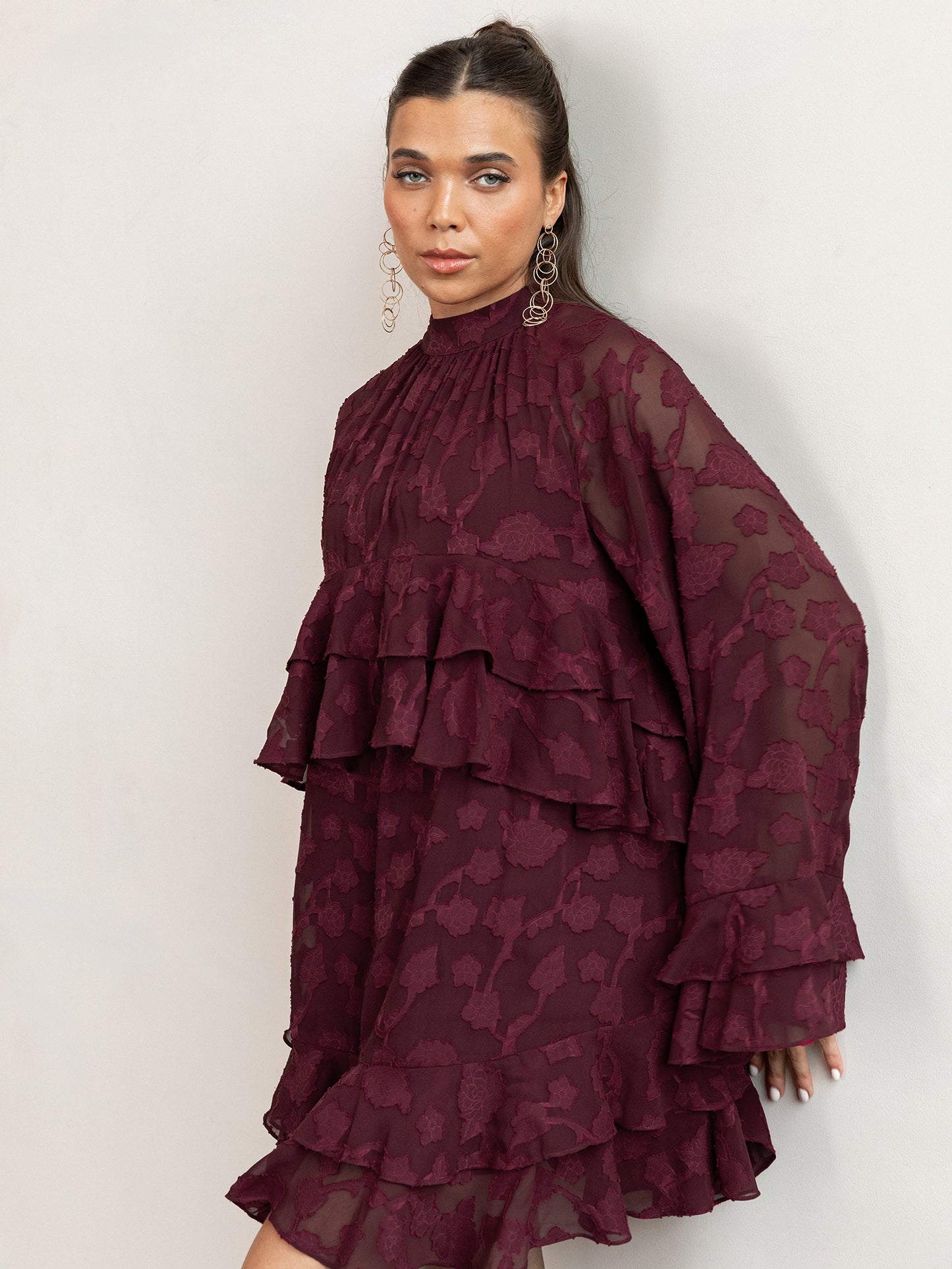 Anaya With Love Recycled Maroon Floral Burnout Flared Long Sleeve Shift Mini Dress