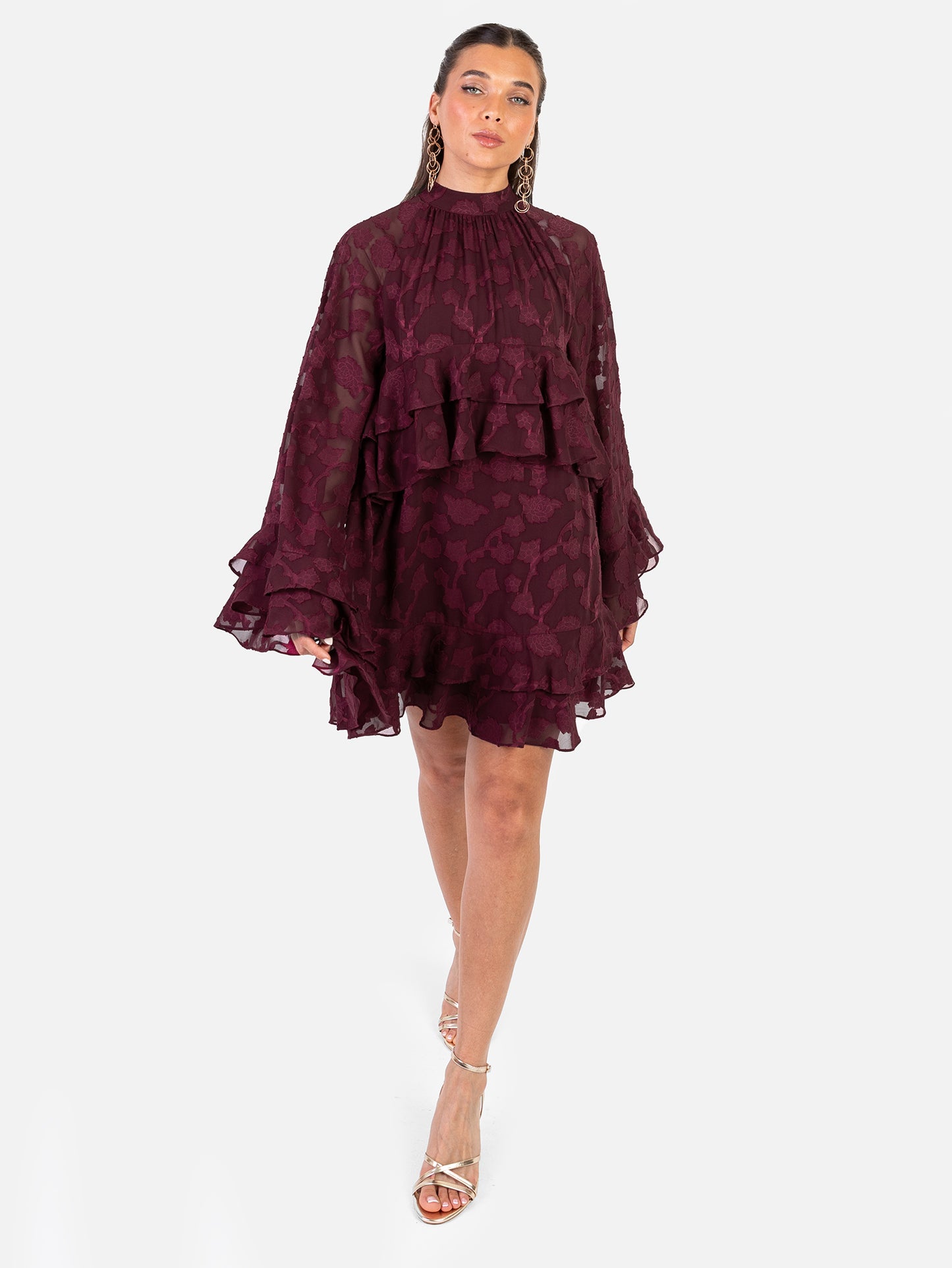 Anaya With Love Recycled Maroon Floral Burnout Flared Long Sleeve Shift Mini Dress