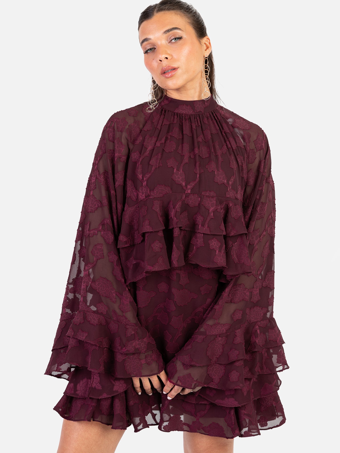 Anaya With Love Recycled Maroon Floral Burnout Flared Long Sleeve Shift Mini Dress