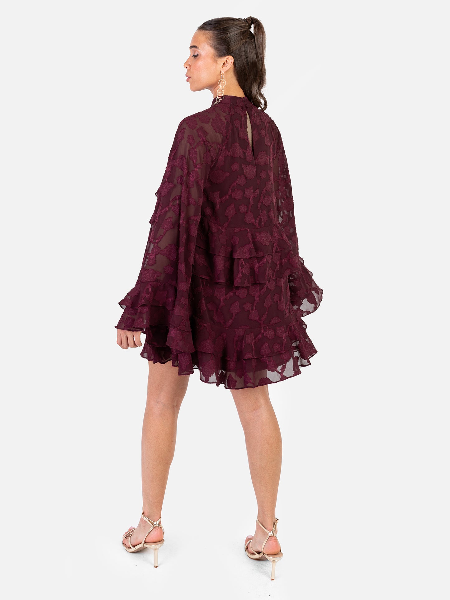 Anaya With Love Recycled Maroon Floral Burnout Flared Long Sleeve Shift Mini Dress
