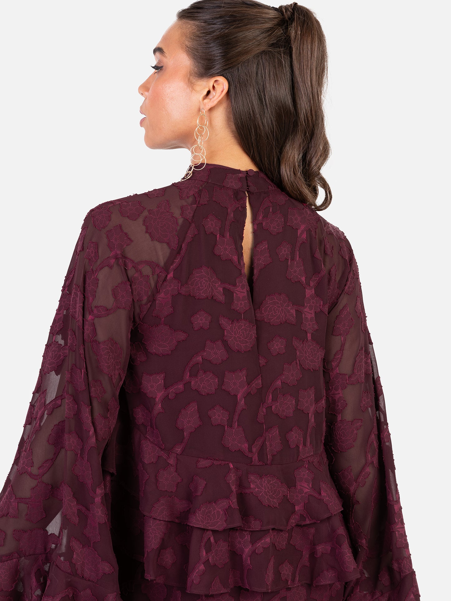 Anaya With Love Recycled Maroon Floral Burnout Flared Long Sleeve Shift Mini Dress