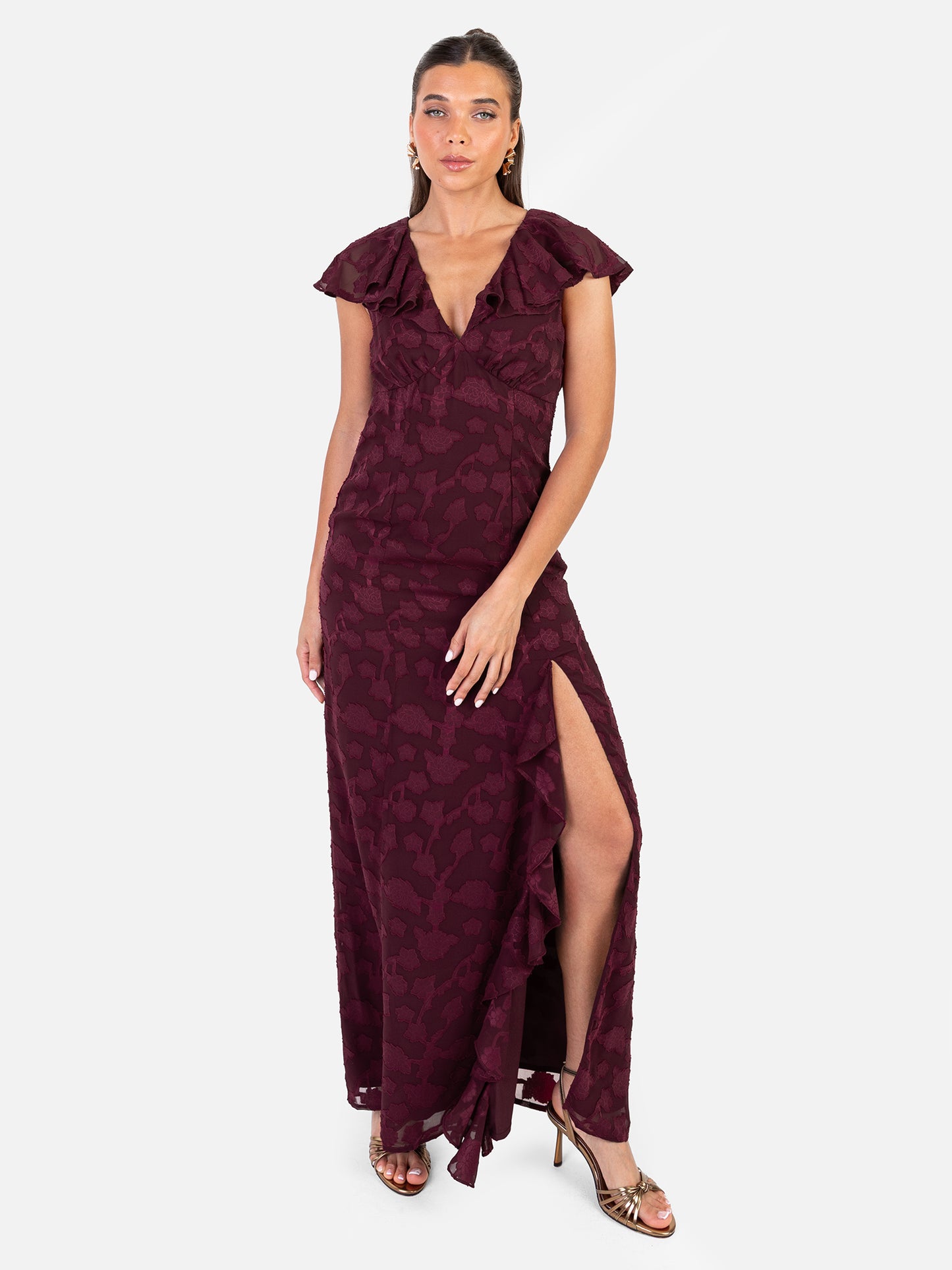 Anaya With Love Recycled Maroon Floral Burnout Maxi Dress with Ruffle Detail