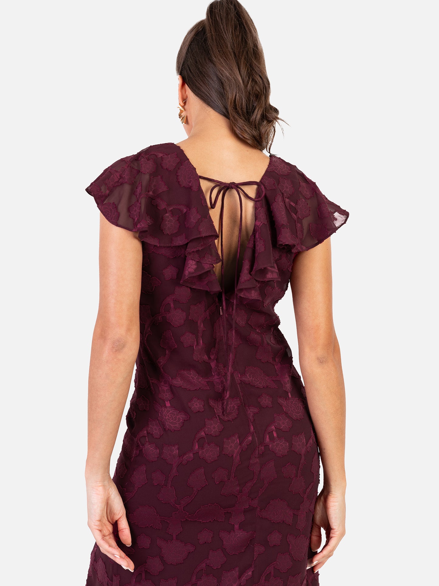 Anaya With Love Recycled Maroon Floral Burnout Maxi Dress with Ruffle Detail