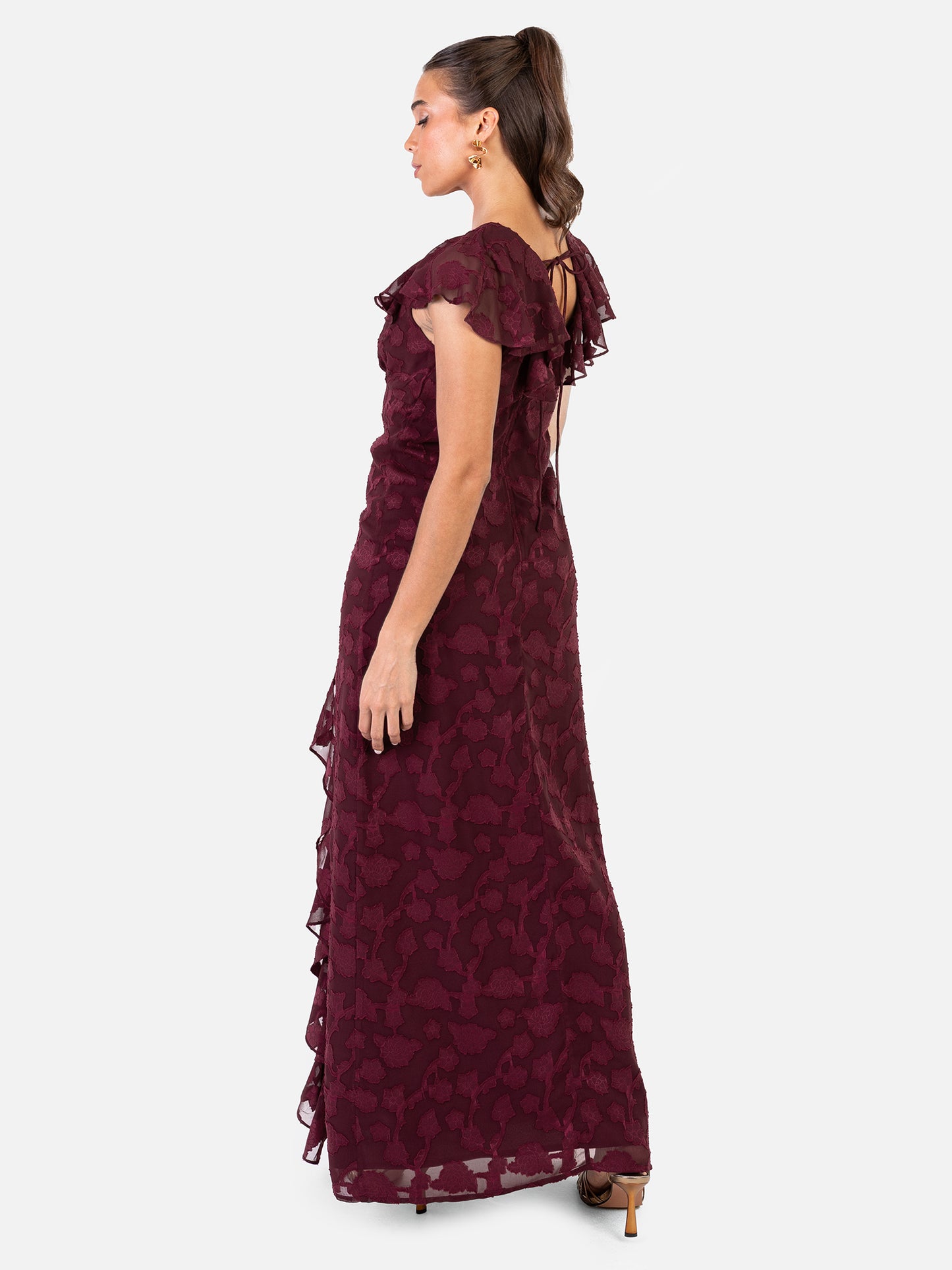 Anaya With Love Recycled Maroon Floral Burnout Maxi Dress with Ruffle Detail