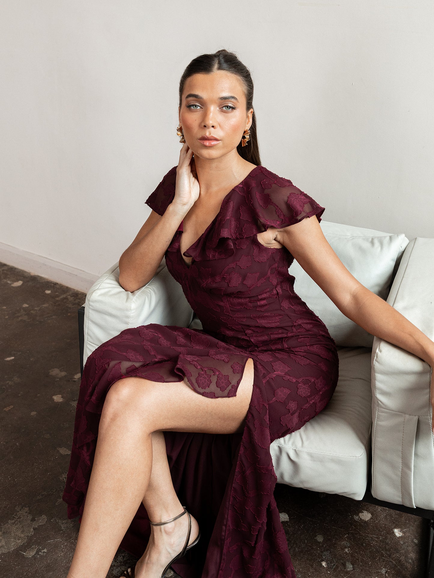 Anaya With Love Recycled Maroon Floral Burnout Maxi Dress with Ruffle Detail