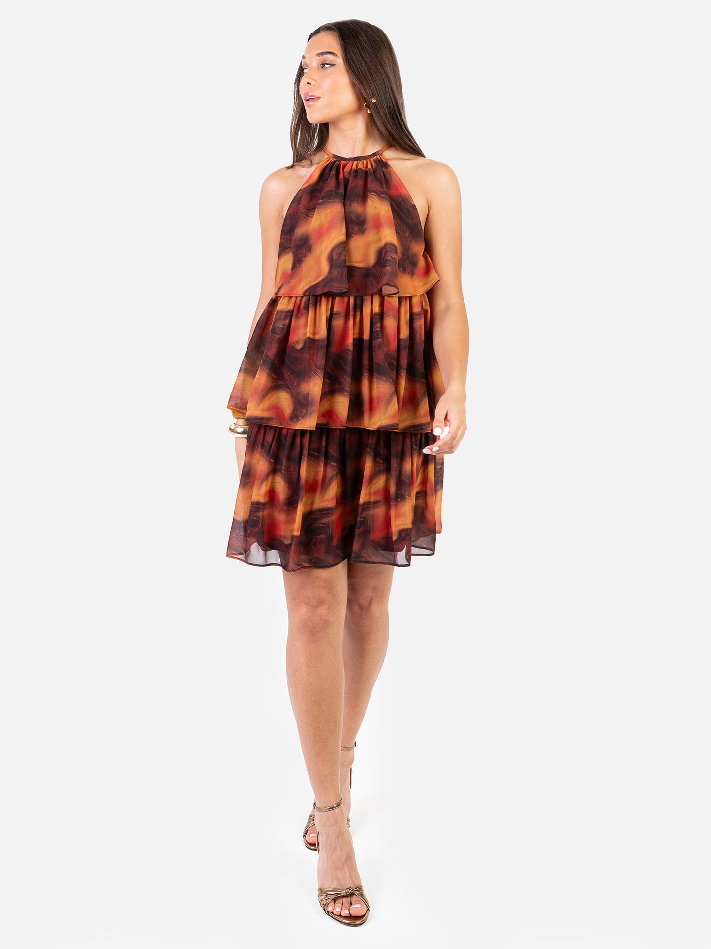 Anaya With Love Recycled Fire Marble Print Halter Neck Tiered Swing Mini Dress